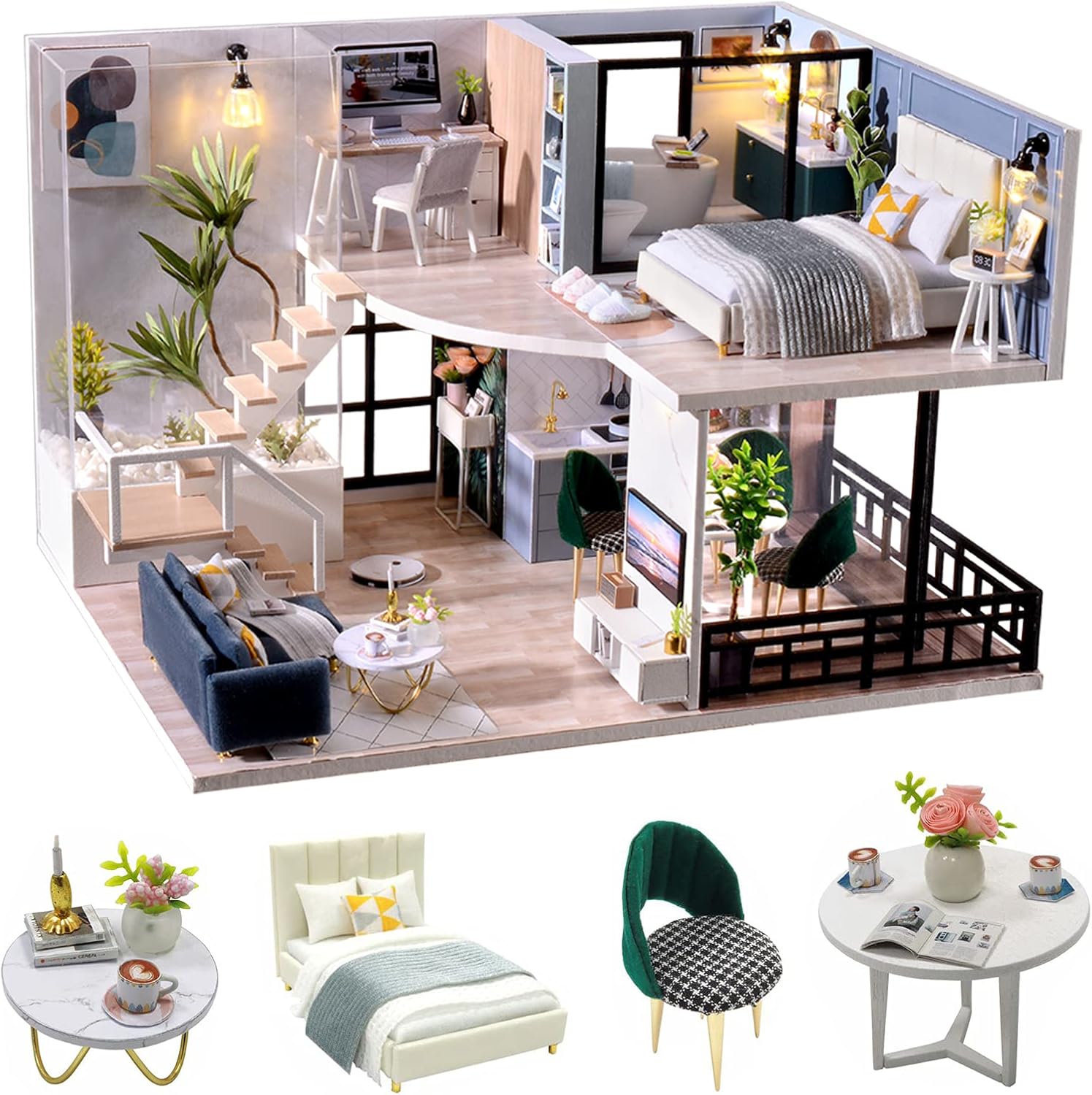 CUTEROOM DIY Wooden Dollhouse Kit - Handmade Miniature Doll House with Furniture, Music Movement, and Accessories - Creative Craft Project for Teens & Adults for Dollhouse Enthusiasts