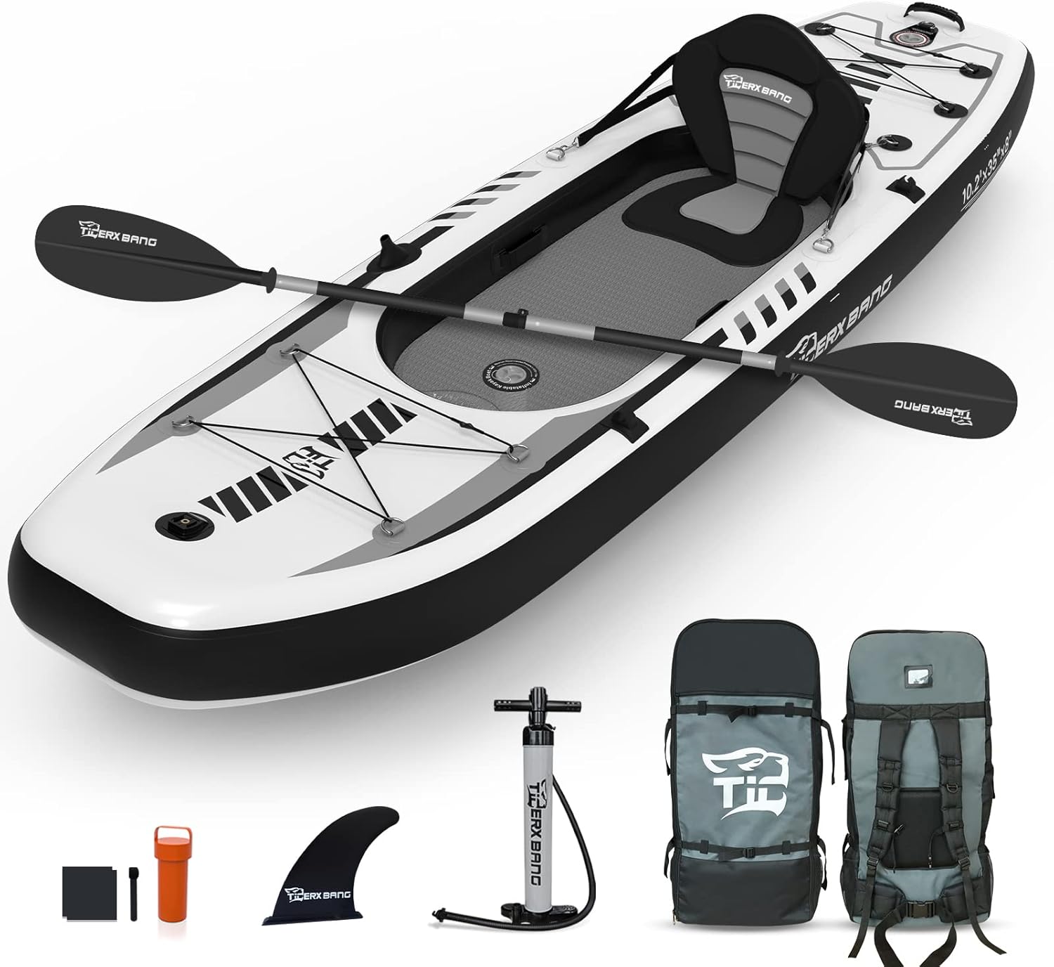TIGERXBANG 10.2'x35''x8'' Inflatable Kayak with Detachable Seat, SUP-Kayak Set Includes Hand Pump/Aluminum Oar/Backpack, Kayak Boat for Adults/Kids | for Fishing, Touring