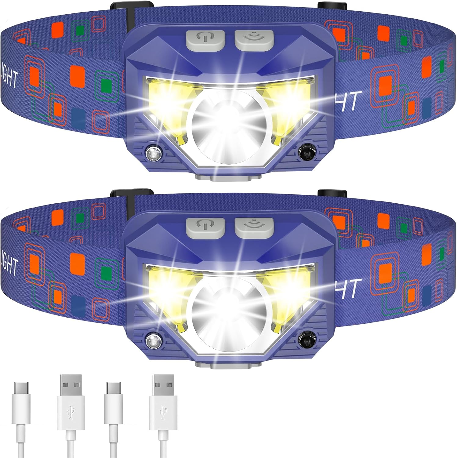 LHKNL Headlamp Flashlight, Lumen Bright Head Lamps LED Rechargeable-Blue | Ultra-Light, with White Red Light, 2-Pack Waterproof Motion Sensor Headlight, 8 Modes for Outdoor Running Hiking Fishing