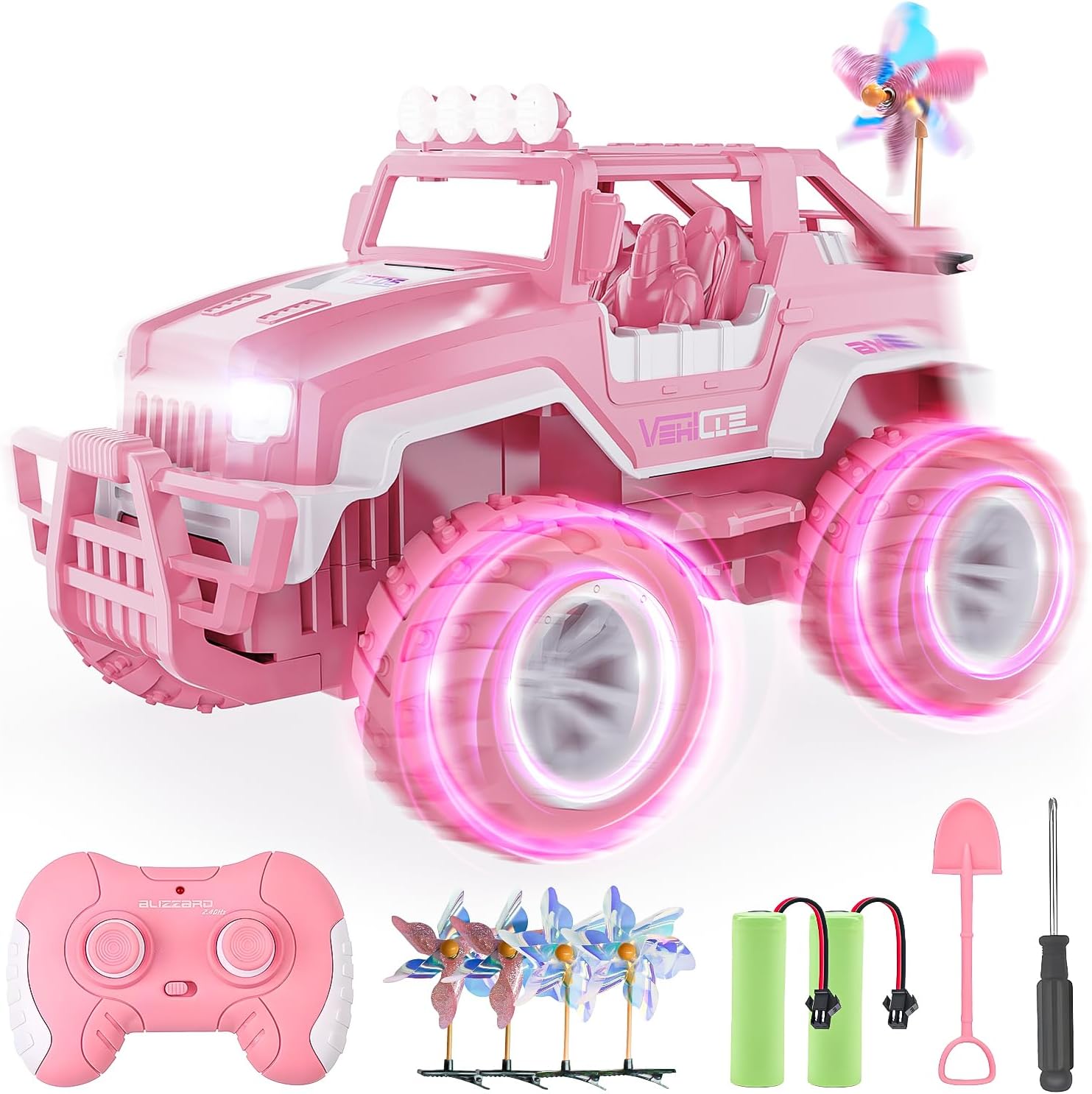 BEZGAR Remote Control Car for Girls - 1:16 Pink RC Jeep with 4 Windmills & 2 High-Capacity Rechargeable Batteries(80+ Mins Runtime), 2.4GHz RC Cars with Lights, Monster Truck Toys Gifts for Kids