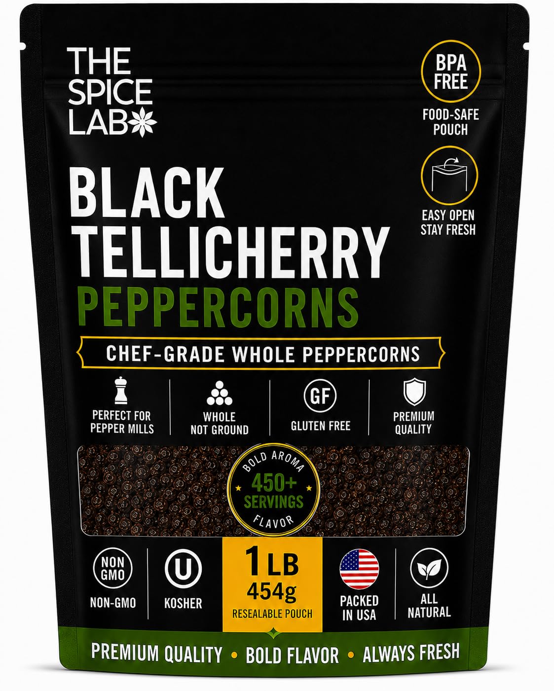 The Spice Lab Black Tellicherry Peppercorns for Grinder, 1 lb Bag
