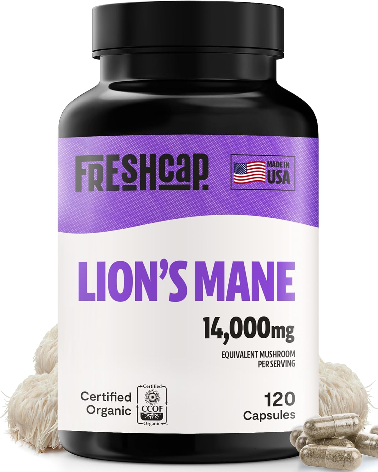 FreshCap Lions Mane Supplement Capsules 14,000mg - Lion's Mane, High Potency Extract, 14:1 Organic Mushroom Supplement, Ayurveda Focus Made in USA (120 Capsules)