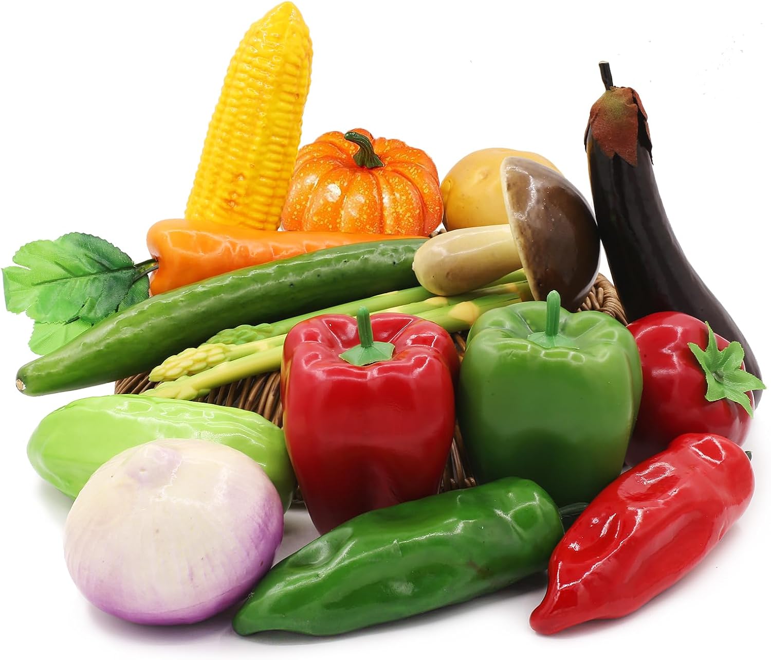 Tuxiaobu 17 Pcs Artificial Vegetables, Fake Vegetables Lifelike Faux Pepper Potato Pumpkin Tomato Carrot Onion Mushroom Eggplant Cucumber Asparagus Decorations for Home Kitchen Festival Christmas