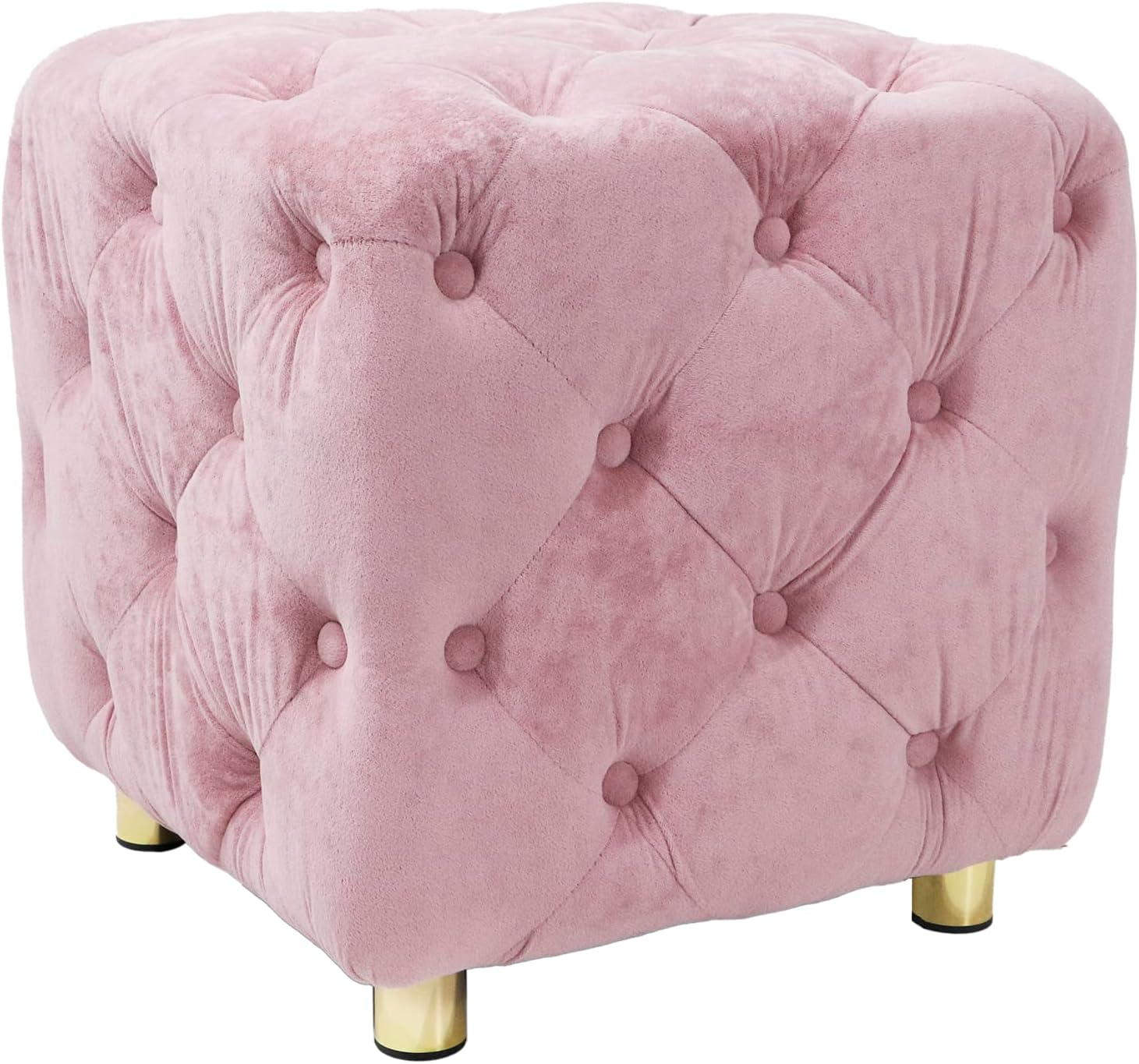 INMOZATA Small Footstool Vanity Stool, Velvet Tufted Ottoman Seat with Gold Legs, Soft Compact Padded Seat Makeup Seat, Living Room Bedroom and Kids Room Stool(No Storage),Pink