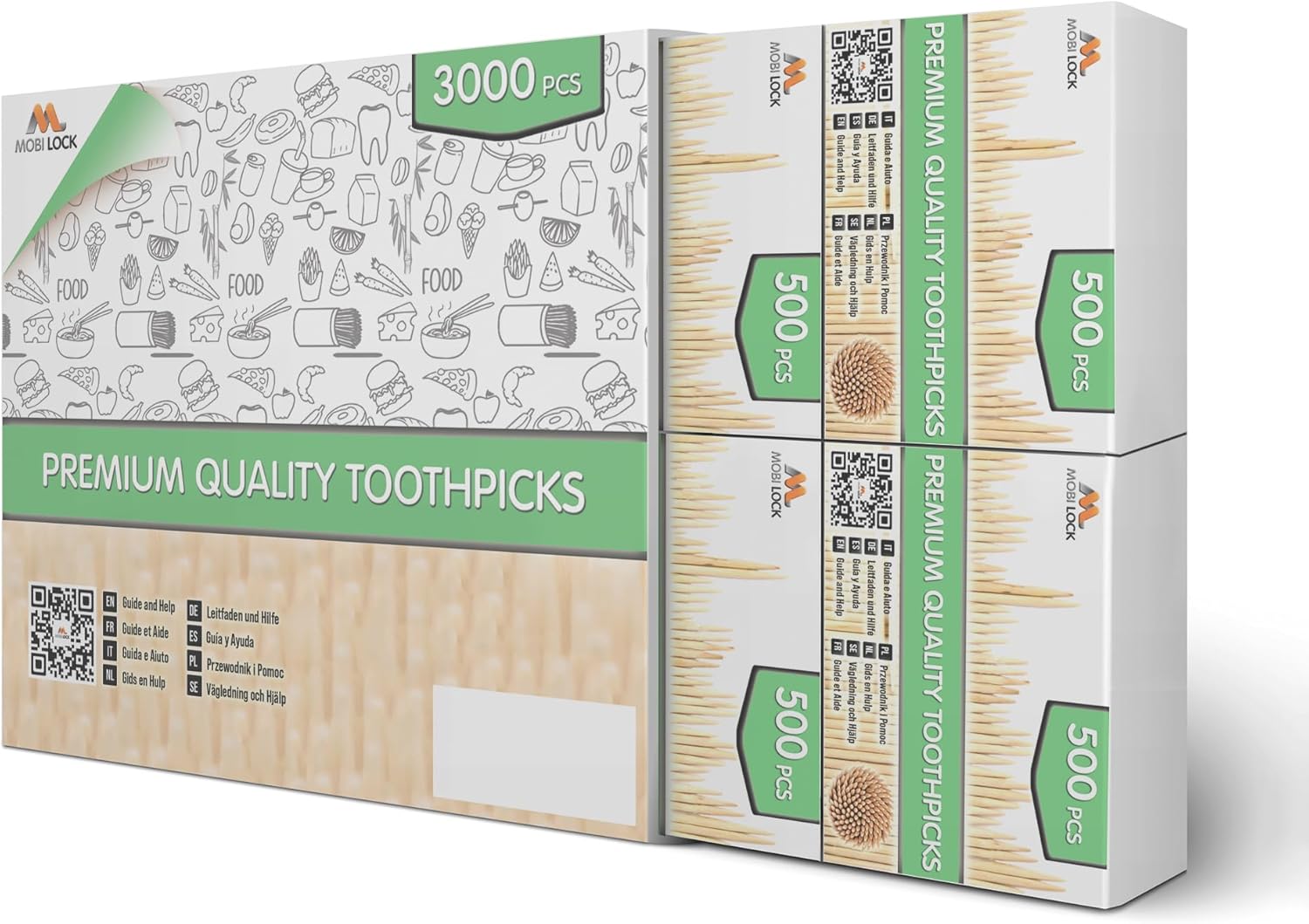 3000 Pcs Bamboo Toothpicks - Double Pointed Wooden Toothpicks - for Personal Hygiene, Appetizer Skewers, Cocktail Sticks, Toothpick or Arts & Crafts - by Mobi Lock