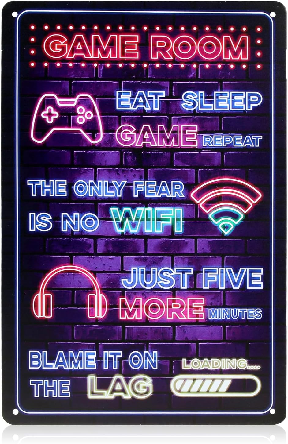 Neon Video Game Metal Sign - Colorful Printed Gaming Room Wall Art Accessories - Gamer Bedroom Wall & Door Decorations