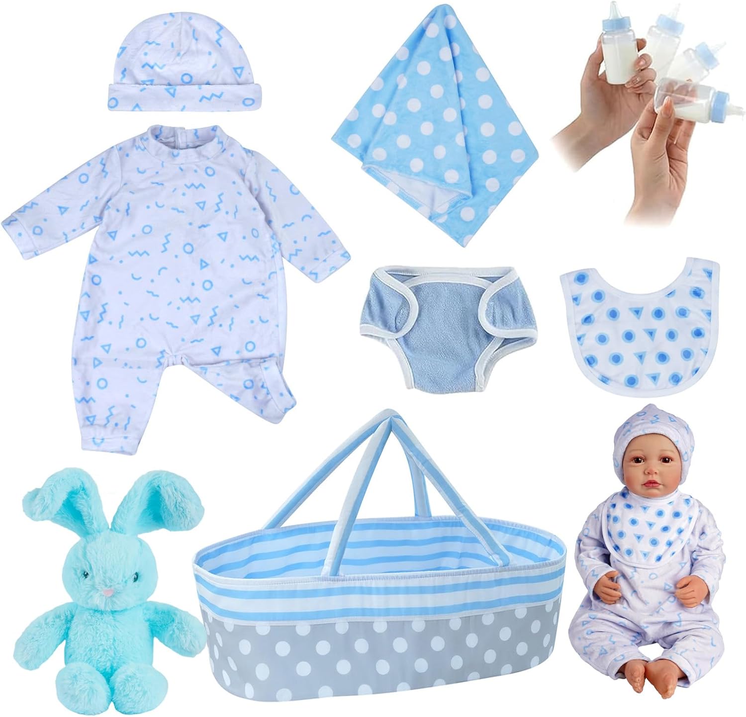 JIZHI 8 Pcs Reborn Baby Doll Clothes Set with Bassinet for 17-22 Inch Babydolls, Realistic Baby Boy Dolls Clothes fit Lifelike Reborn Baby Doll Accessories, Blue (Not Doll)