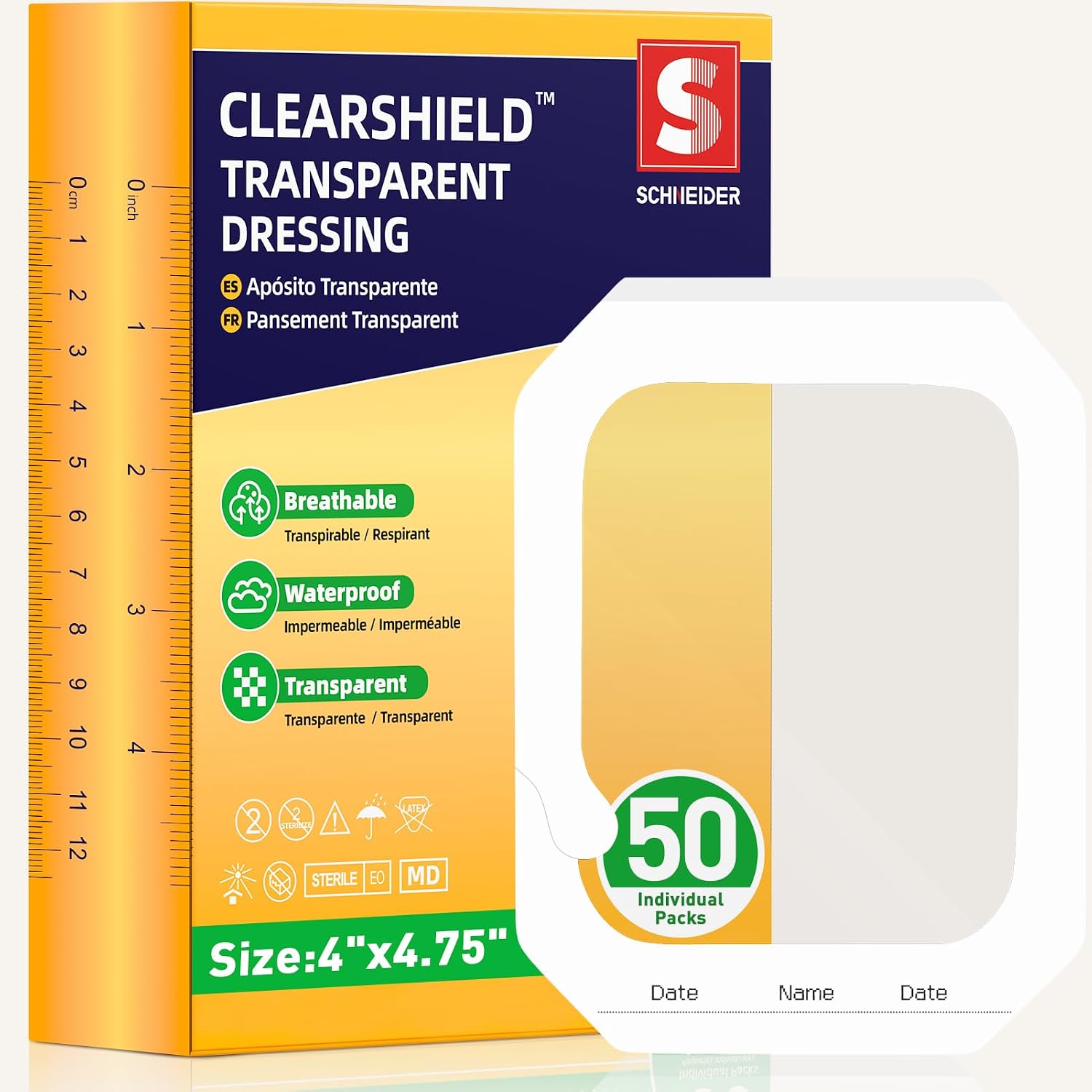 Transparent Film Dressing, Breathable Clear Patch, 4" x 4.75", 50 Pack