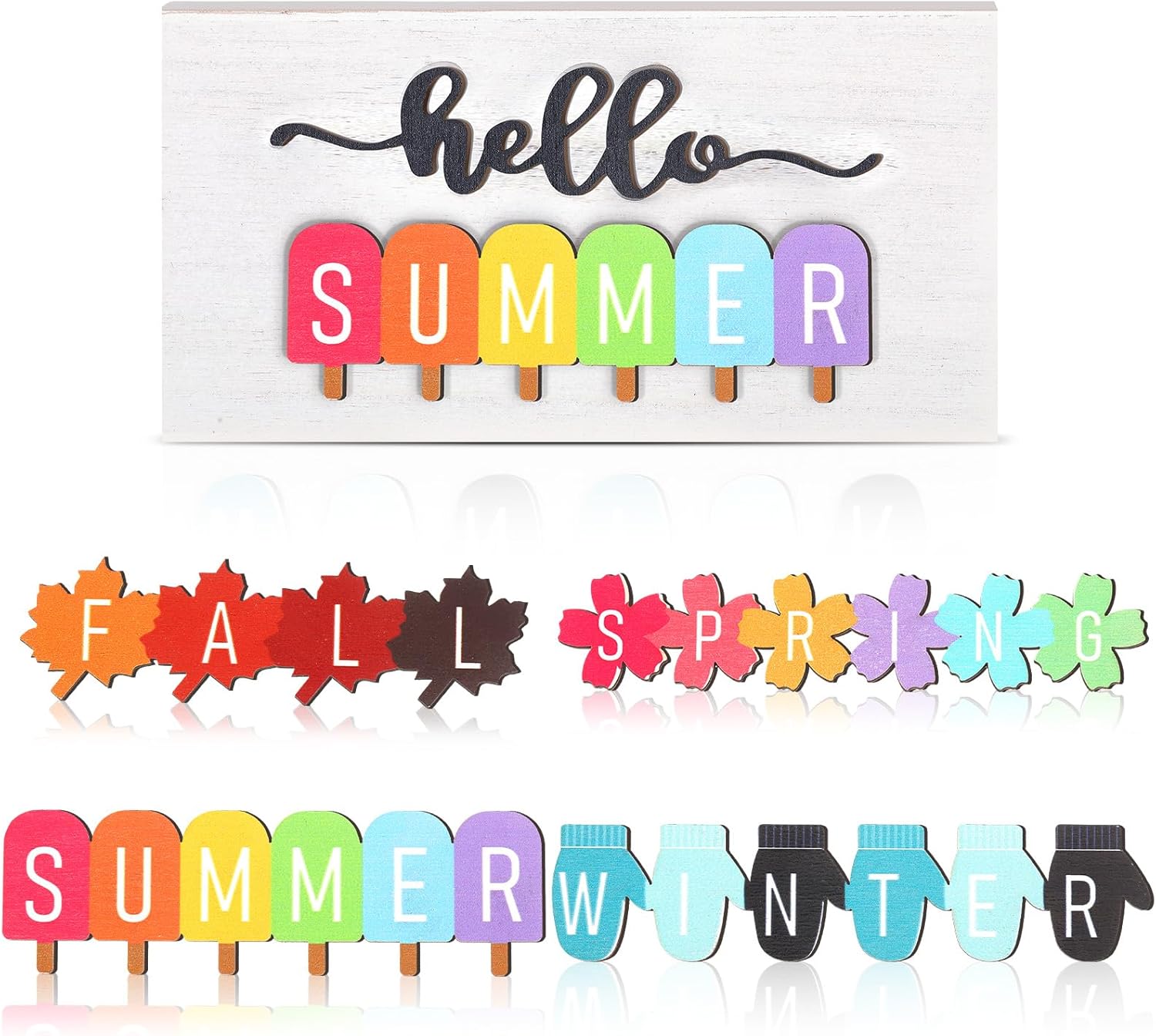 Roowest 5 Pcs Hello Summer Sign Interchangeable Seasonal Sign Spring Fall Winter Tiered Tray Decor 5.9 x 3 Inch Wooden Gloves Decor 4 Seasons Farmhouse Table Centerpiece Decoration for Home(Fresh)
