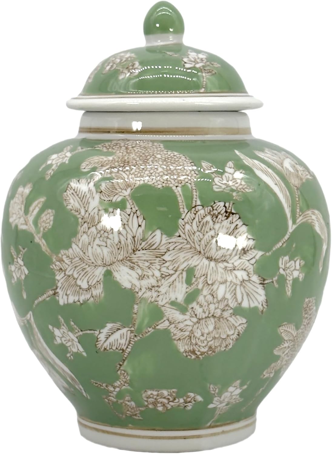 Galt International Green & White Floral Chinoiserie Ginger Jar 10" with Lid - Ginger Jar, Tea Storage, Decorative, Home Decor Jar