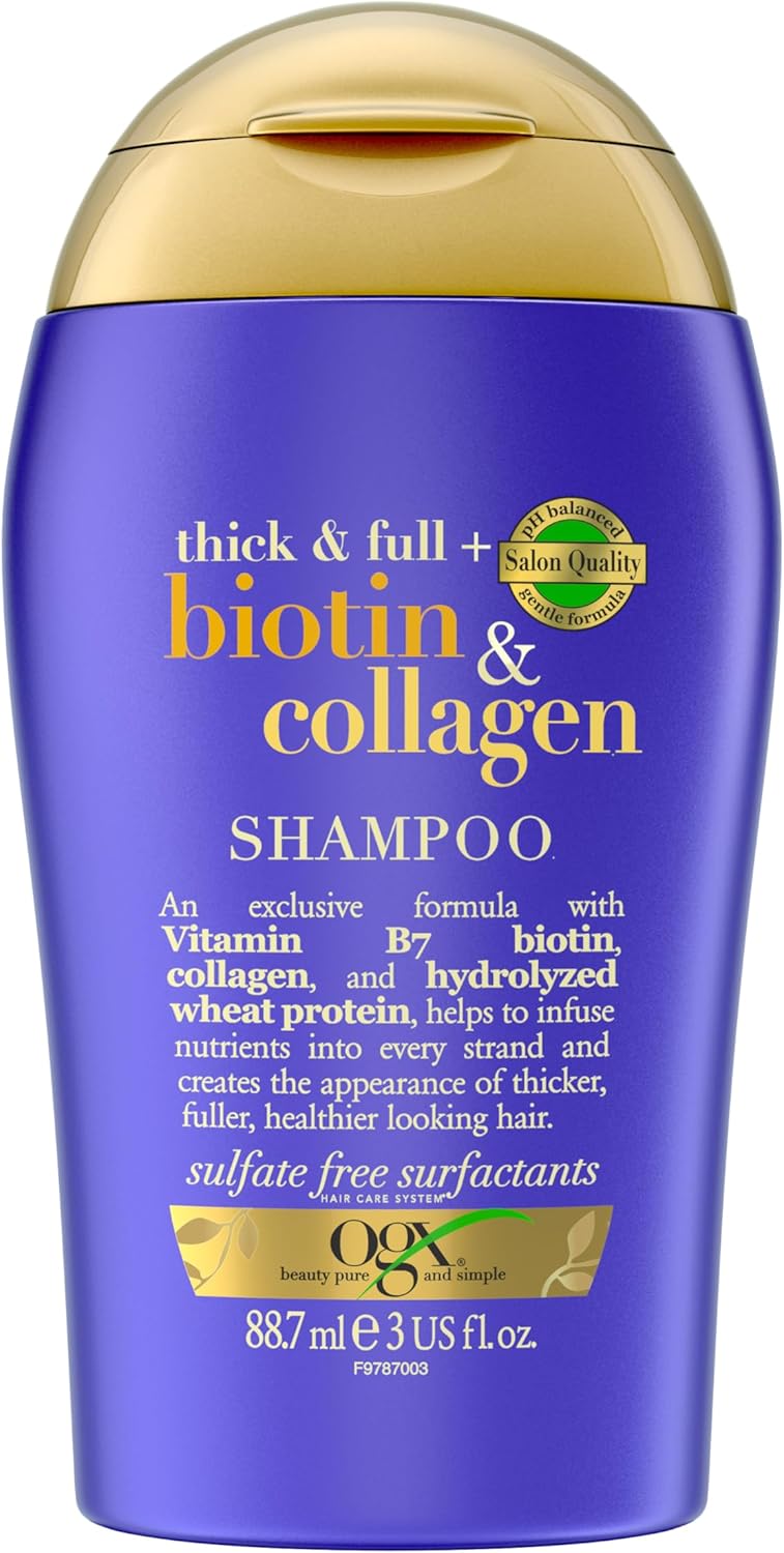 OGX Thick & Full with Biotin & Collagen Shampoo, with Vitamin B7 Biotin, Collagen and Hydrolyzed Wheat Protein, for Thicker, Fuller & Healthier-Looking Hair, Sulfate Free, 88.7ml