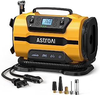 AstroAI Tire Inflator Portable Air Compressor Pump 150PSI 12V DC/110V AC with Dual Metal Motors &LED Light， Automotive Car Accessories&Two mode for car, bicycle tires and air mattresses, Yellow