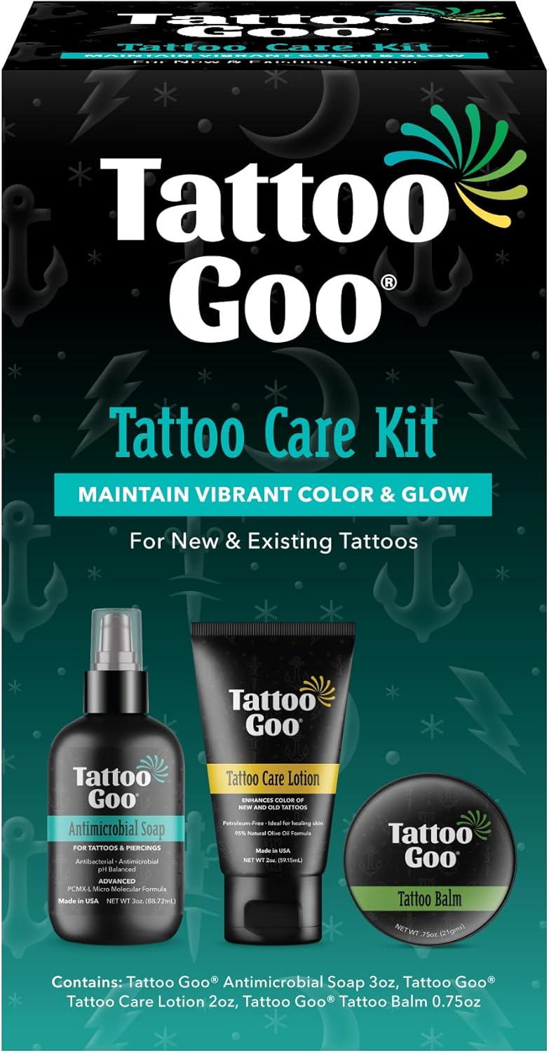Tattoo Goo Aftercare Kit Includes Antimicrobial Soap, Balm, and Lotion, Tattoo Care for Color Enhancement, (3 Piece Set)