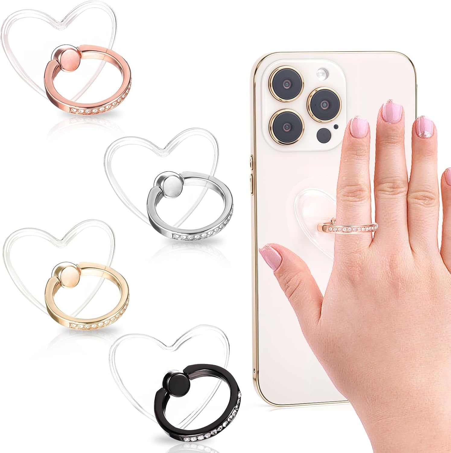 Nogeqi 4 Pack Transparent Ring Phone Grip 360 Degree Rotation and 180 Degree Folding Adjustable Diamond Setting Ring Phone Holder Heart Phone Case Ring Holder Grip Compatible with All Smartphones