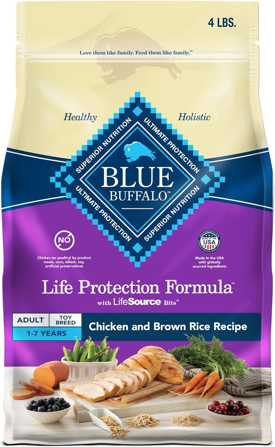 Blue Buffalo Life Protection Formula Toy Breed Adult Dry Dog Food, Supports High Energy Needs, Made with Natural Ingredients, Chicken & Brown Rice Recipe, 4-lb Bag
