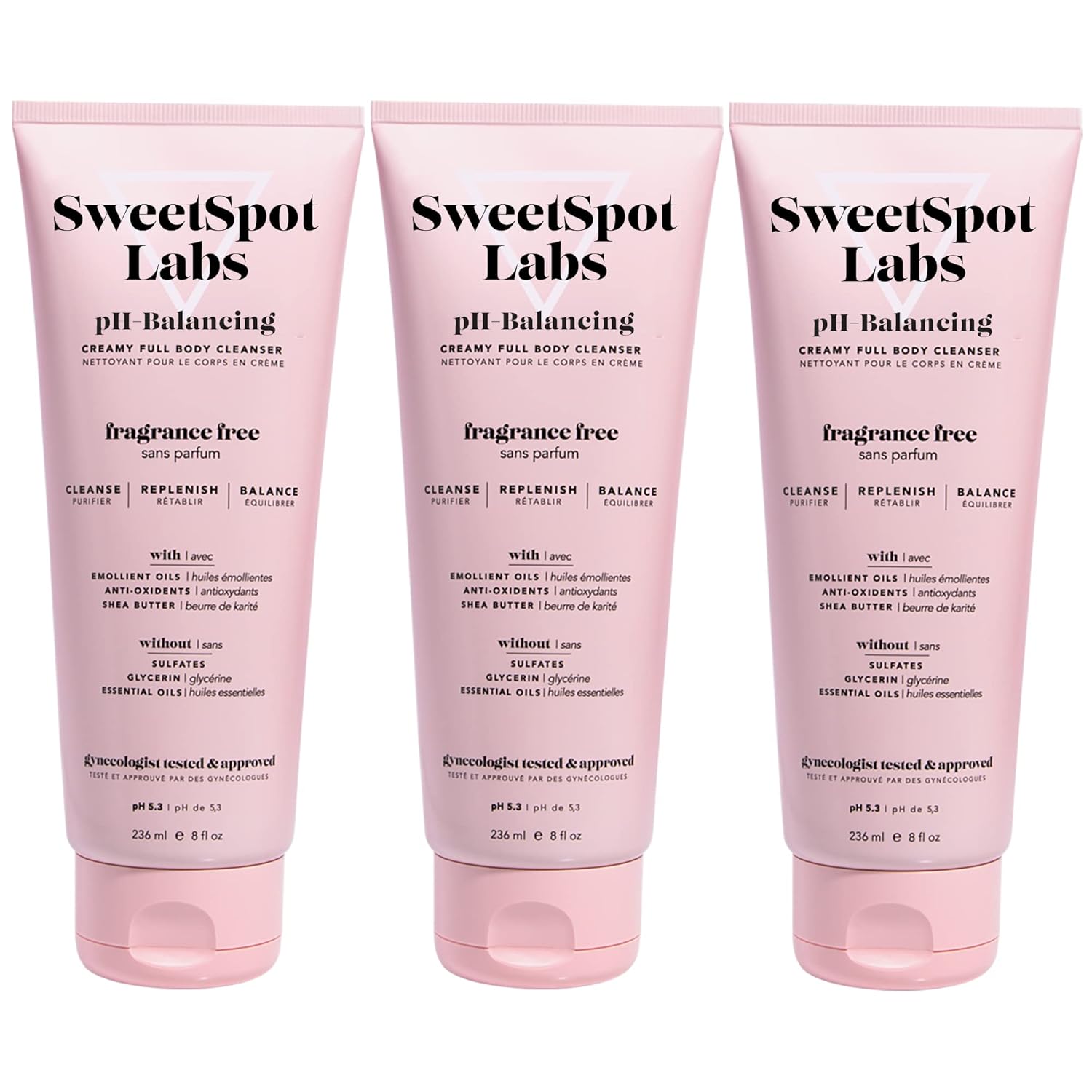 SweetSpot Labs pH Balanced Wash for Sensitive Skin, Sulfate Free, Clean, Gynecologist Tested & Approved, Unscented Body Wash, 8 oz (Pack of 3)