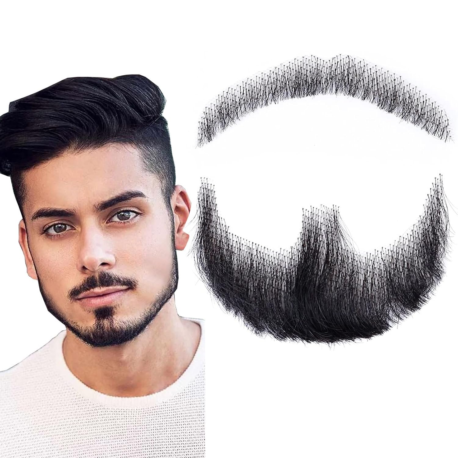 Fake Mustache Fake Beard Realistic 100% Human Hair Full Hand Tied Goatee False Beards Lace Invisible Fake Mustache for Halloween Dressing Men Makeup Entertainment/Drama/Party/Movie (Black)