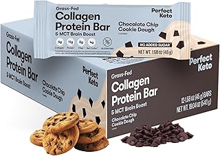 Perfect Keto Bars, Gluten Free Grass Fed Collagen + MCT Oil, Low Carb, No Sugar Added, High Protein Snacks, Keto Diet Foods, 11g Protein, 18g Fat, 3g Net Carbs, Chocolate Chip, 12 Bars
