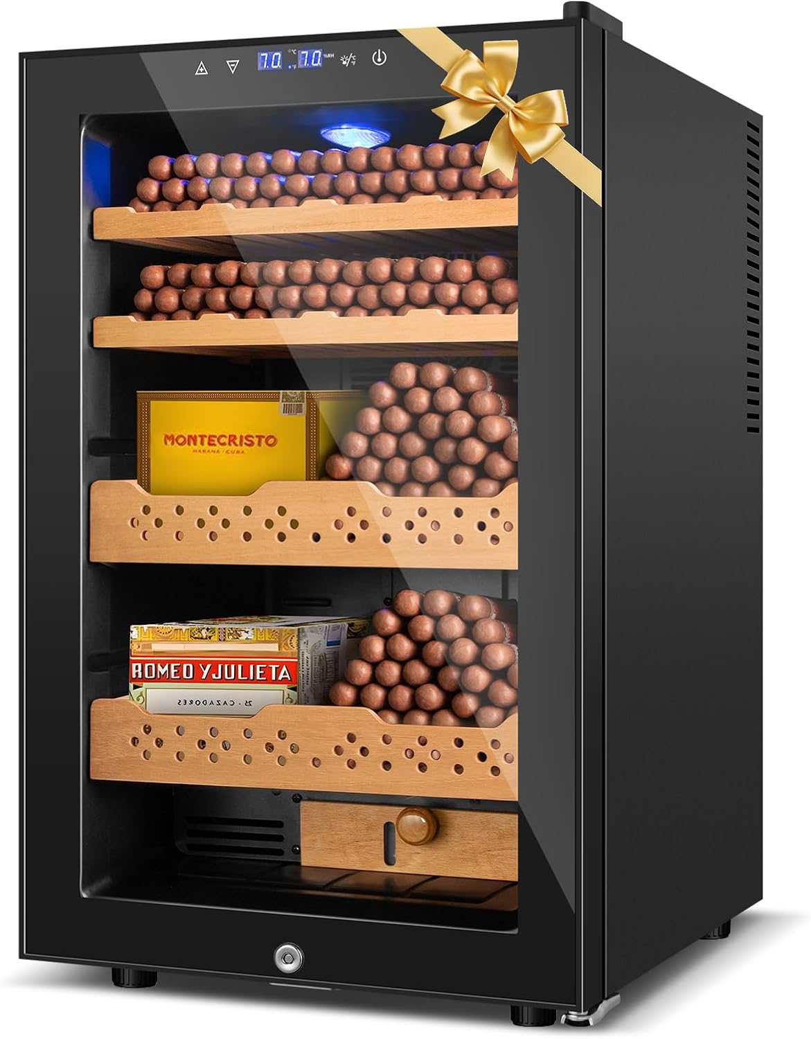 Electric Humidor, 70L 400 Counts Large Capacity,Thermostatic Cooling Humidor Cabinet with Smart Humidity & Temp Control, Spanish Cedar Wood Shelves, Safety Lock, Father's Day Gift for Men