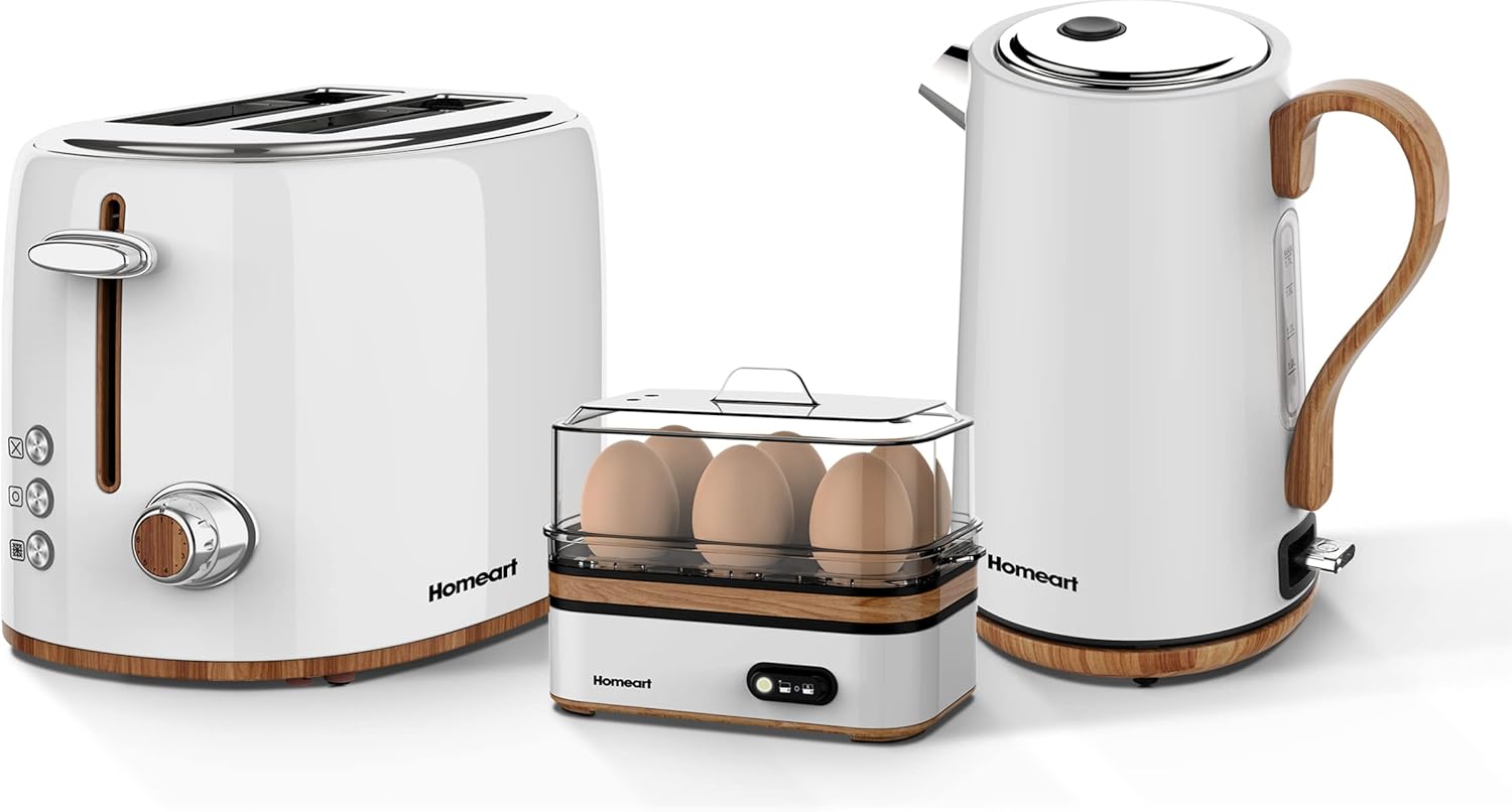 Panda Collection - Cordless Electric Kettle with Wood Detail, 2-Slice Toaster with Adjustable Browning Control and Egg Boiler with 6 Egg Capacity - White