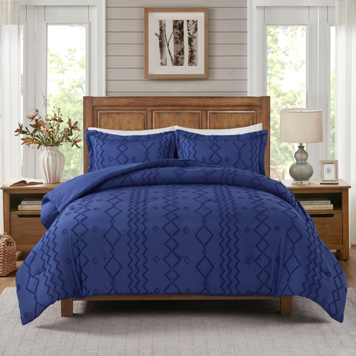 JML King Size Comforter Set, 3 Pieces Bedding Comforter Set with 2 Pillowcase, Shabby Chic Jacquard Tufted Geometric Comforter Bedding Set for All Season, Navy
