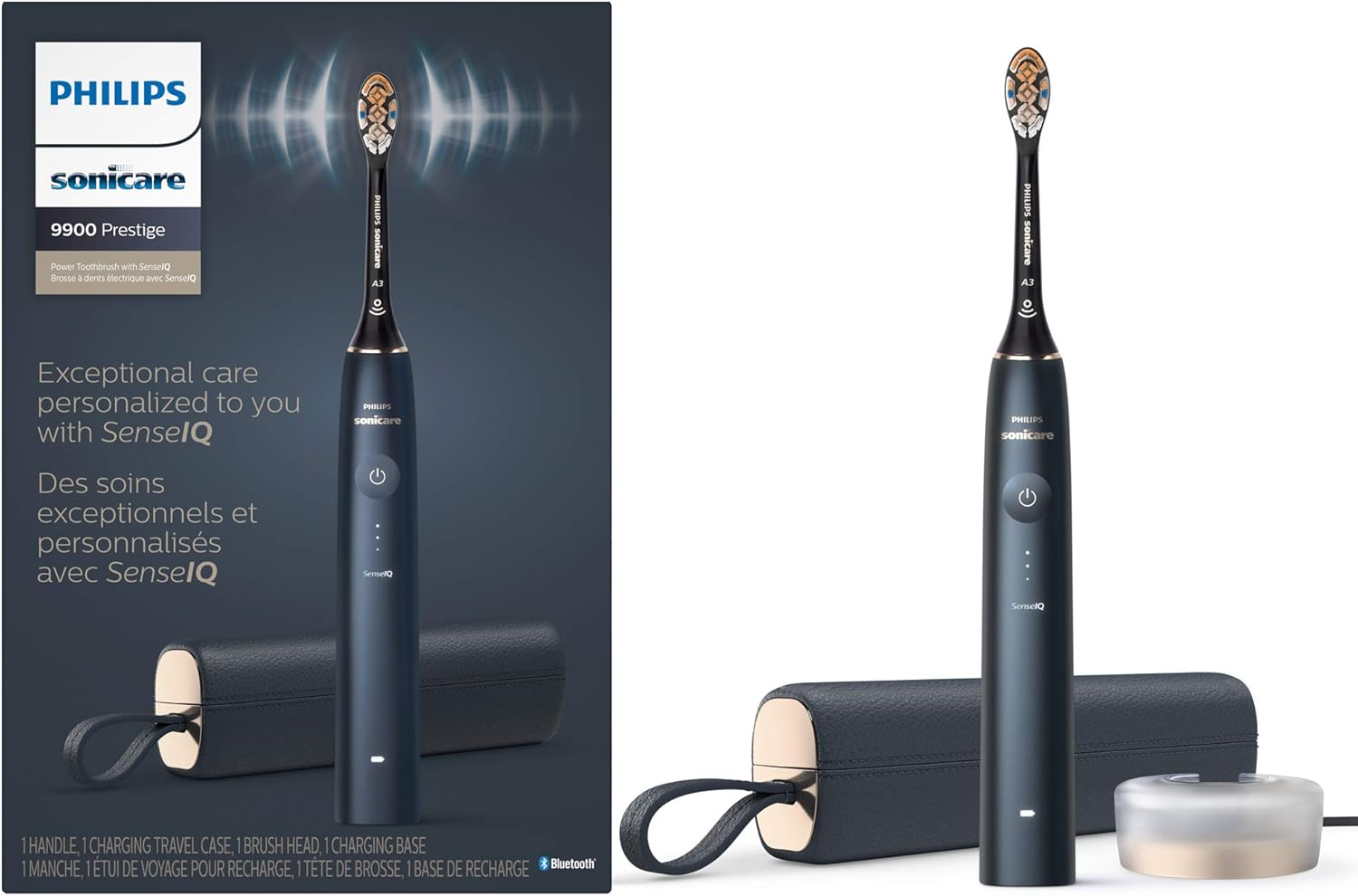Philips Sonicare DiamondClean 9900 Prestige Electric Toothbrush - with SenseIQ Technology and Advanced AI App, 5 Brushing Modes, 3 Intensity Levels, Charging Travel Case,Midnight Blue, Model HX9990/12