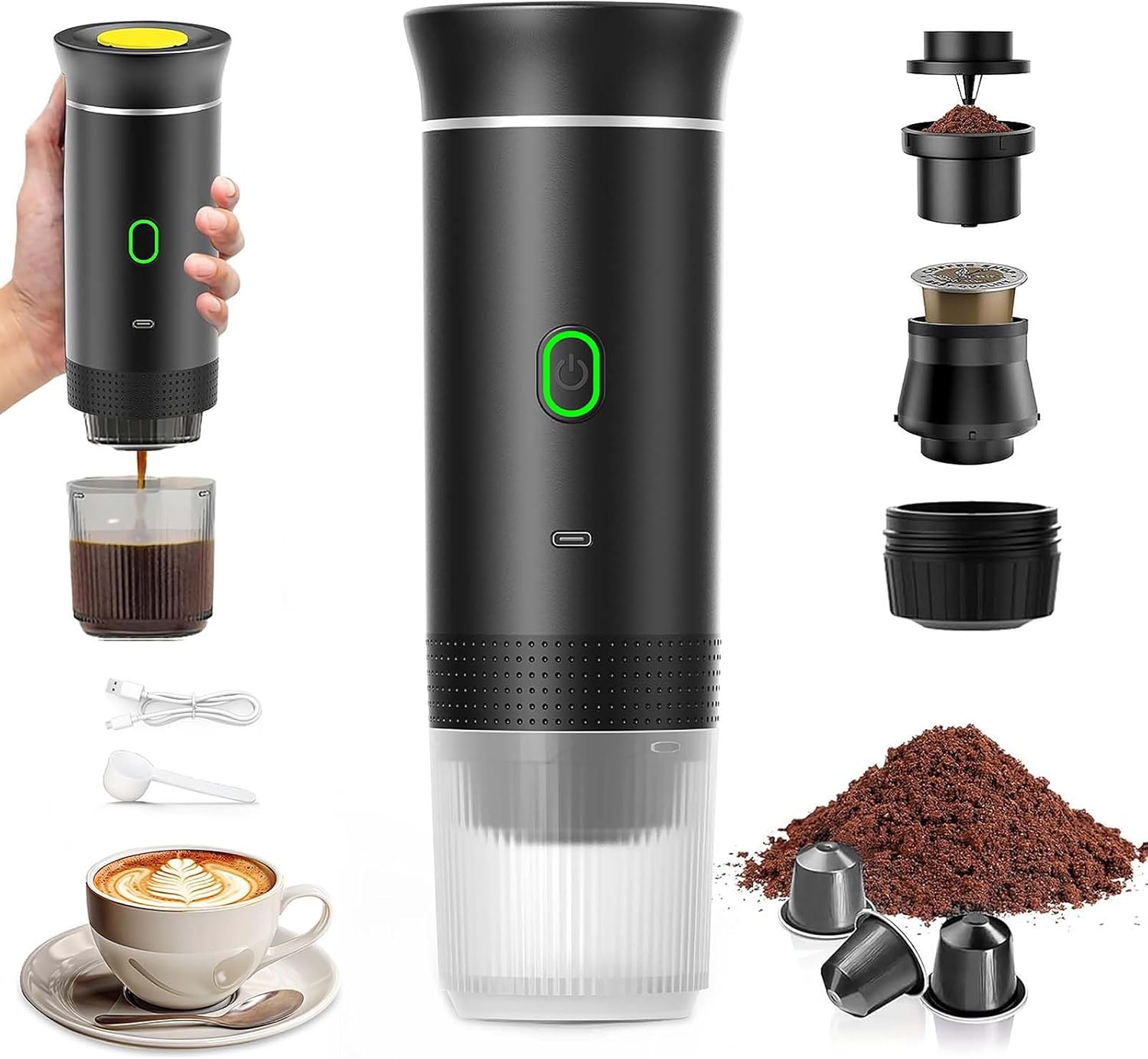 Vtizikl Portable Coffee Maker, 3-in-1 Travel Espresso Machine, Compatible with Small & Large Capsules, Ground Coffee, 50 Brews per Charge, Ideal for Camping, Travel, Office and Home (Black)