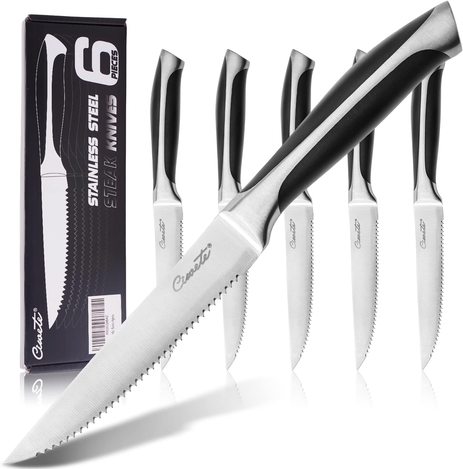 Serrated Steak Knives Set of 6, 5 Inch Stainless Steel Steak Knife Set with Ergonomic Handles, 6-Piece Sharp Knives for Weekly Family Dinners, Black