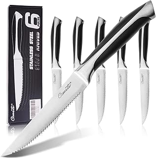 Serrated Steak Knives Set of 6, 5 Inch Stainless Steel Steak Knife Set with Ergonomic Handles, 6-Piece Sharp Knives for Weekly Family Dinners, Black