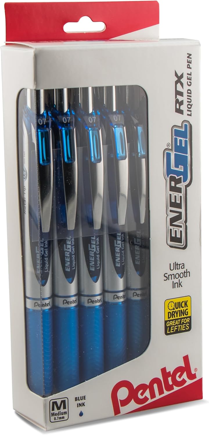 Pentel EnerGel RTX RT Liquid Gel Pen, Med, Metal Tip, (0.7mm), Blue Ink, Box of 12 (BL77PC12C1)