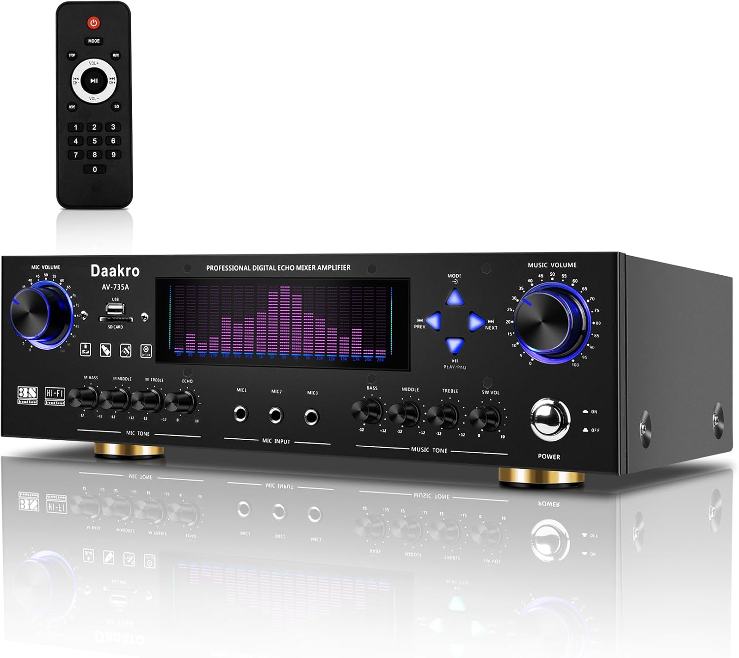 AV-735A 600W 5.1 Channel Home Theater Stereo Receiver,Wireless Home Audio Amplifier System,Digital Stereo Receiver/Amp System w/ 3 Mic in Echo/BT/USB/SD/RCA/LED/Opt/Coax for Home/Studio