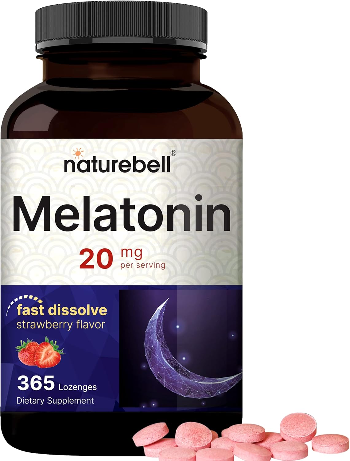 NatureBell Melatonin 20mg, 365 Fast Dissolve Tablets - Natural Strawberry Flavor - Vegetarian Chewable Lozenges for 1 Year Supply, High Potency | Non-GMO, No Gluten