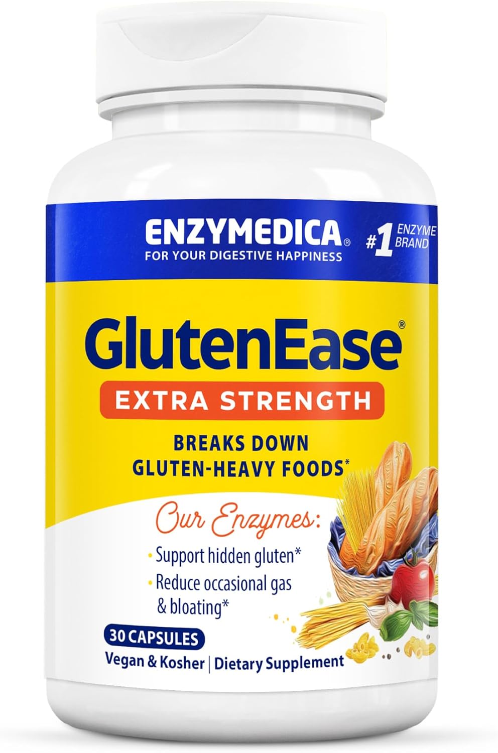 Enzymedica, GlutenEase Extra Strength, Maximum Potency Digestive Enzymes, Supports Gluten & Casein Intolerance, 30 Count