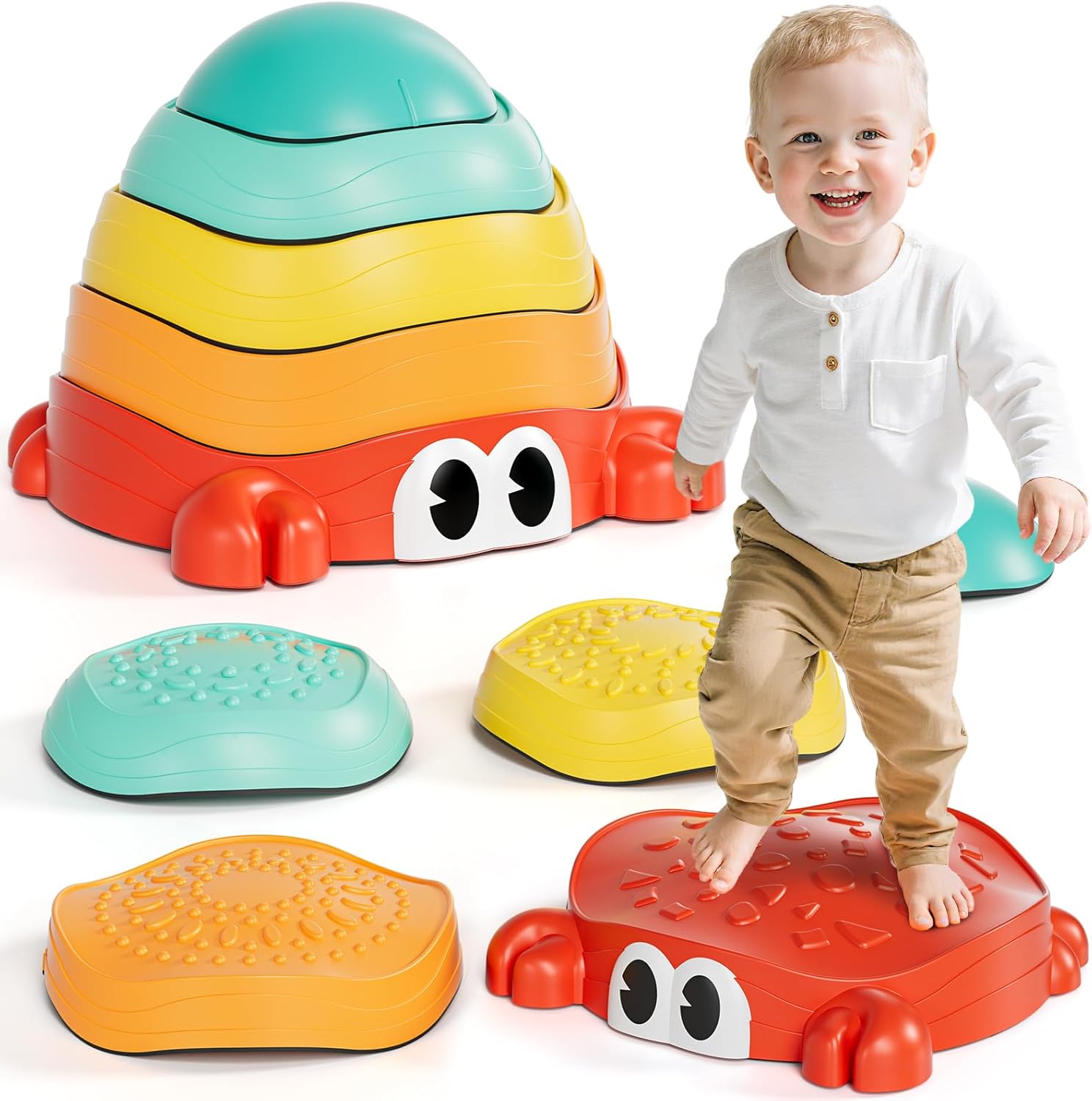 Lehoo Castle Stepping Stones for Kids, Non-Slip Toddler Stepping Stones for Autism, Balance Stones Sensory Toys for Toddlers 1-3, Crab Toddler Outdoor Toys, Obstacle Course for Kids 3-5