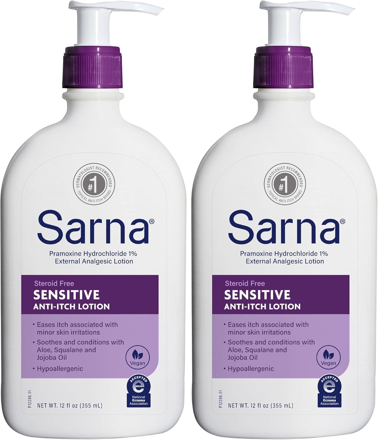 Sarna Sensitive Anti-Itch Lotion, Steroid-Free, Fragrance-Free, Vegan, Hypoallergenic, National Eczema Association Accepted, 1% Pramoxine Hydrochloride, 12 oz (Pack of 2)