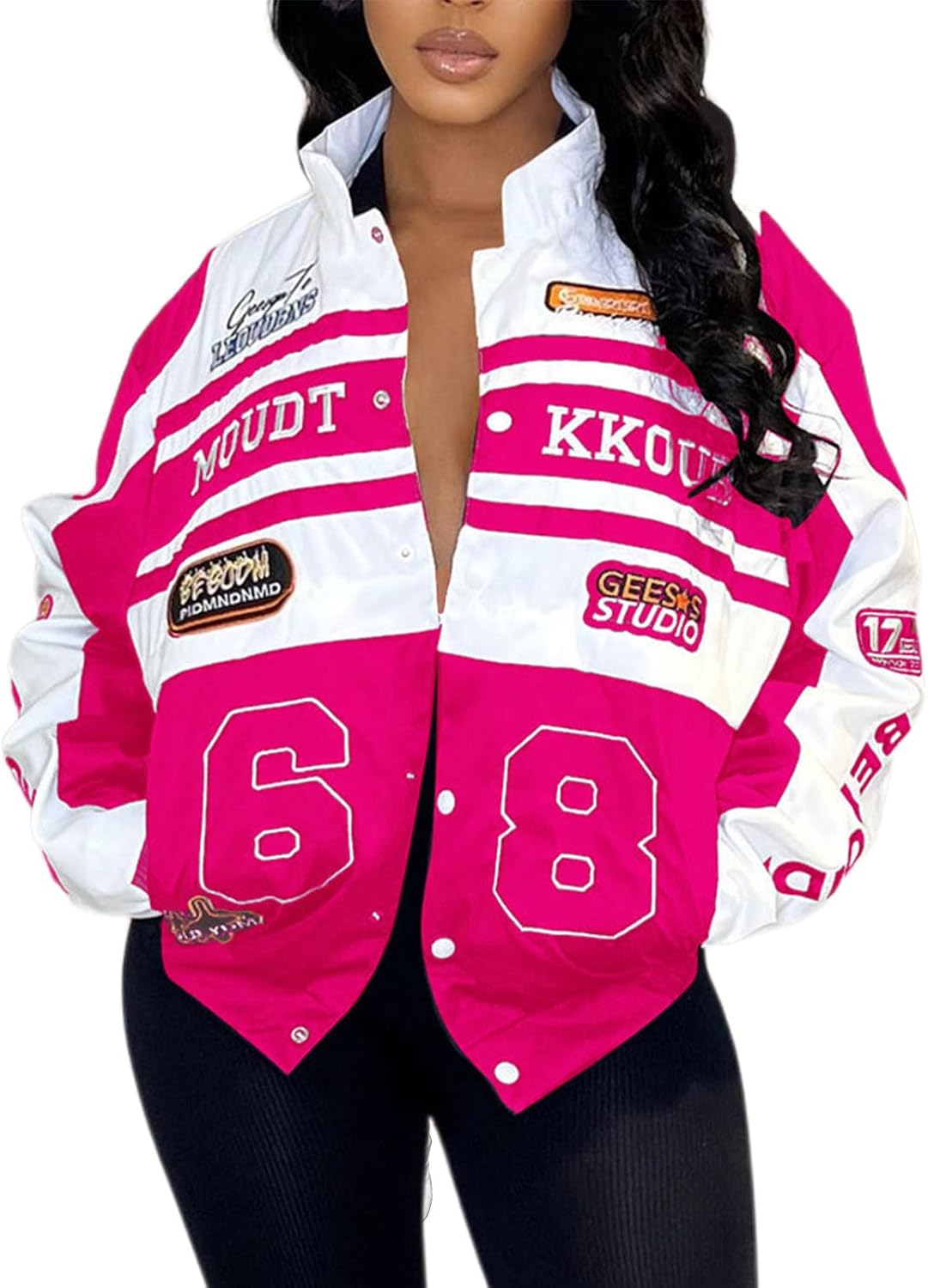 Angsuttc Varsity Jacket Women Motorcycle Detachable Letter Graphic Racer Jackets Vintage Color Block Baseball Street Coats