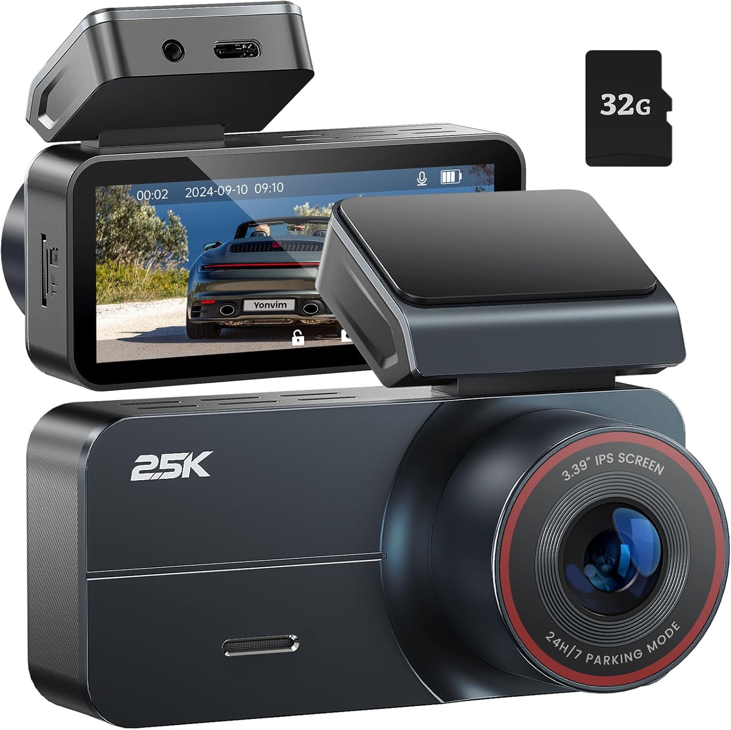 Dash Cam，Dash Camera for Cars 2.5K with 3.39" IPS Screen & 32GB Card，Dash Cam Front 160° Wide Angle, Loop Recording for Night/Day Security,G-Sensor, Support 256 GB Max