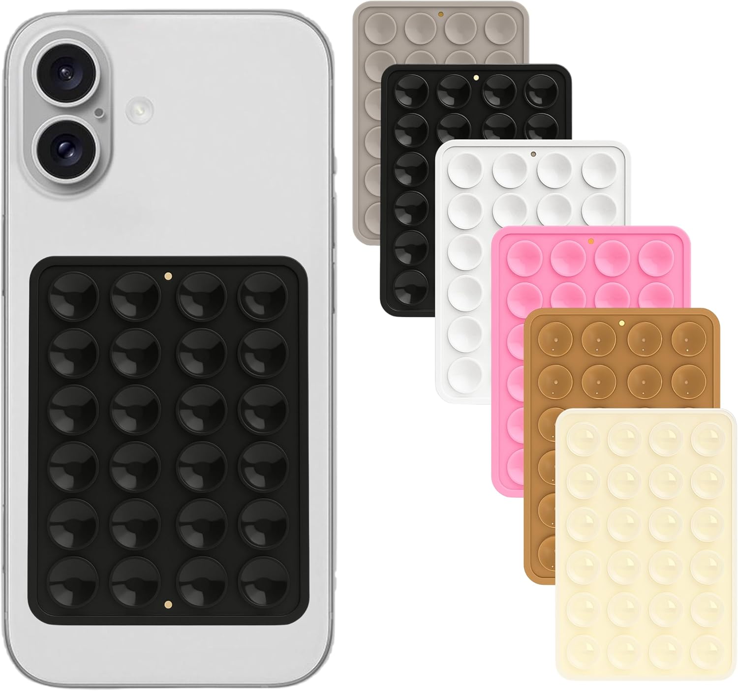 Classic - Silicone Suction Pack of 6 Phone Case Adhesive Mount - Hands-Free, Strong Grip Holder for Selfies and Videos - iPhone and Android Compatible - 2.25″ x 3.25″
