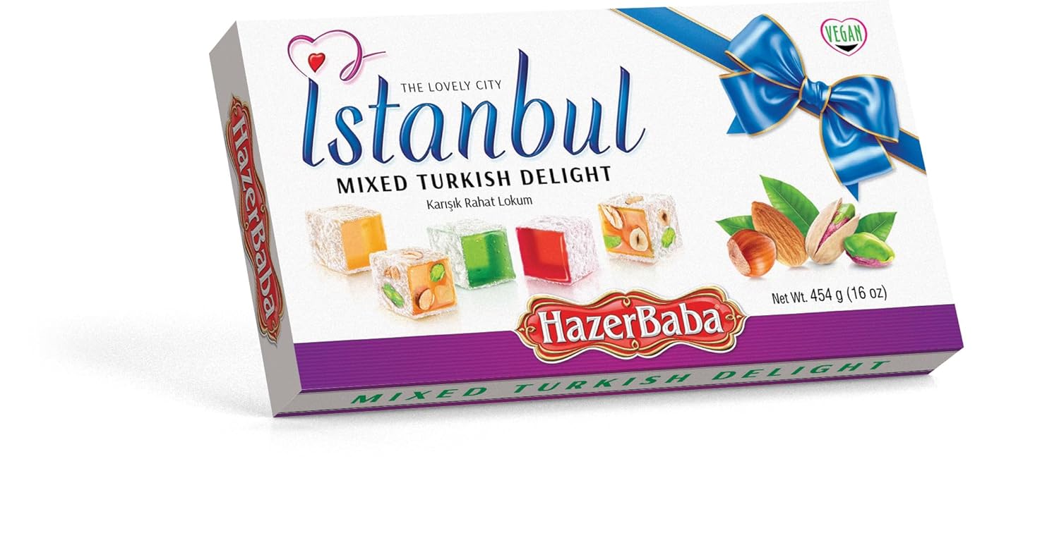 Hazer Baba Turkish Delight Candy, Mixed Nuts with Rose, Lemon & Mint Flavors, Gourmet Snack Box, Traditional, Vegan, Lokum, Sweets, Loukumi, Delicias Turcas, Halal, Kosher, 16oz (454g)