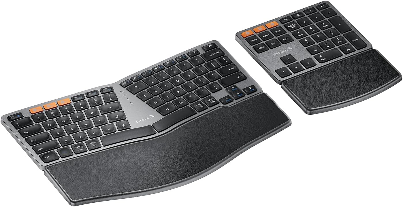 ProtoArc EK04 Bluetooth Ergonomic Keyboard with Wrist Rest, Split Numpad
