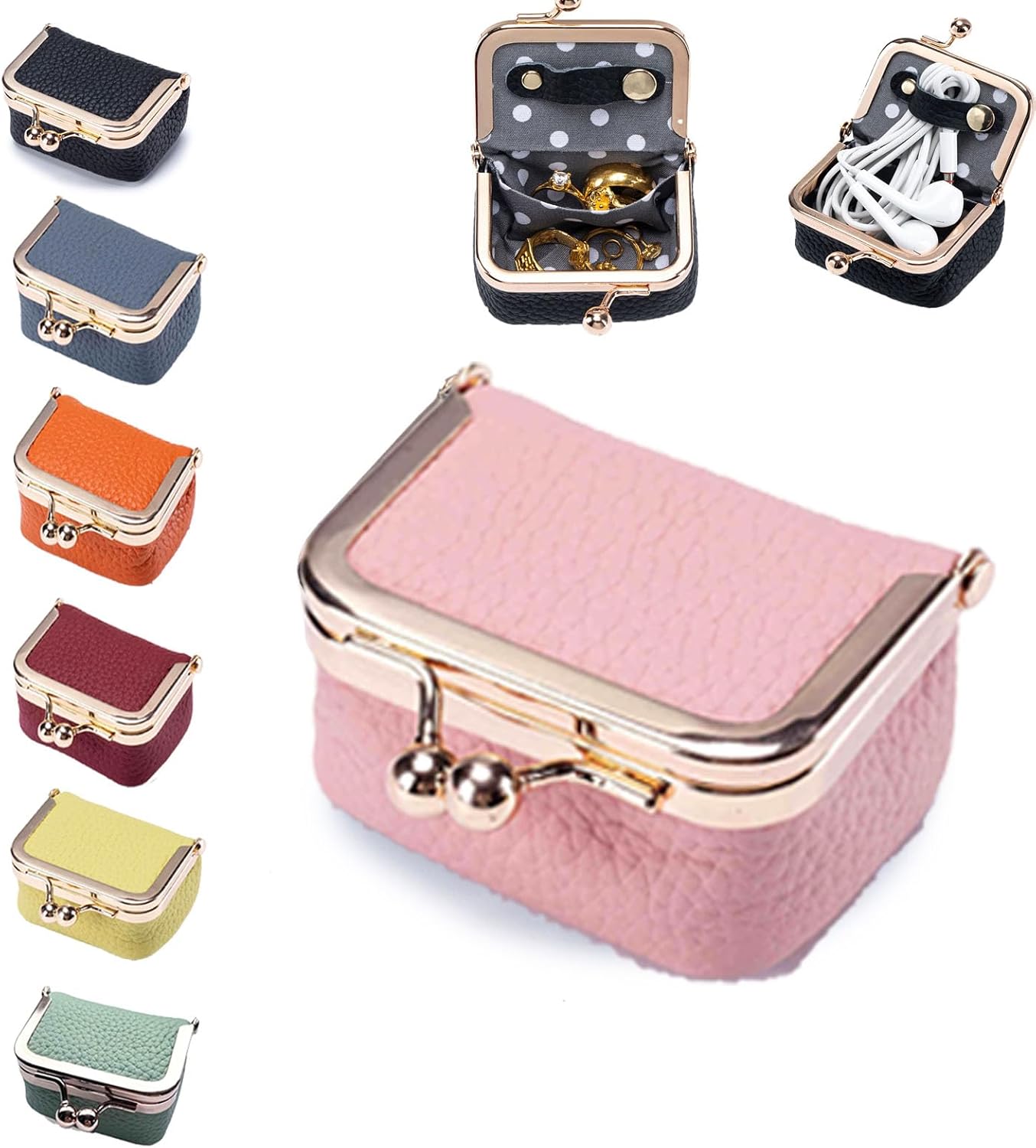 Genuine Leather Jewelry Travel Case Mini Portable Organizer with Kiss Lock & Anti-Tip Design, Stable Small Jewelry Box for Earrings, Rings, Coin Purse for Travel (2.55x1.77 Inch, Pink)