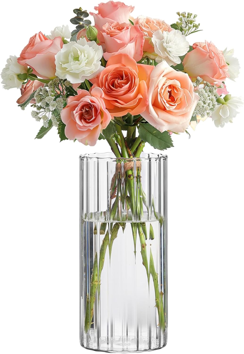 ComSaf Glass Cylinder Vases, Bud Vase for Centerpieces, 8 Inch Tall Ribbed Vase Hurricane Floating Candle Holder, Decorative Flower Vases for Wedding Reception, Home Decor, Housewarming Gift (Clear)