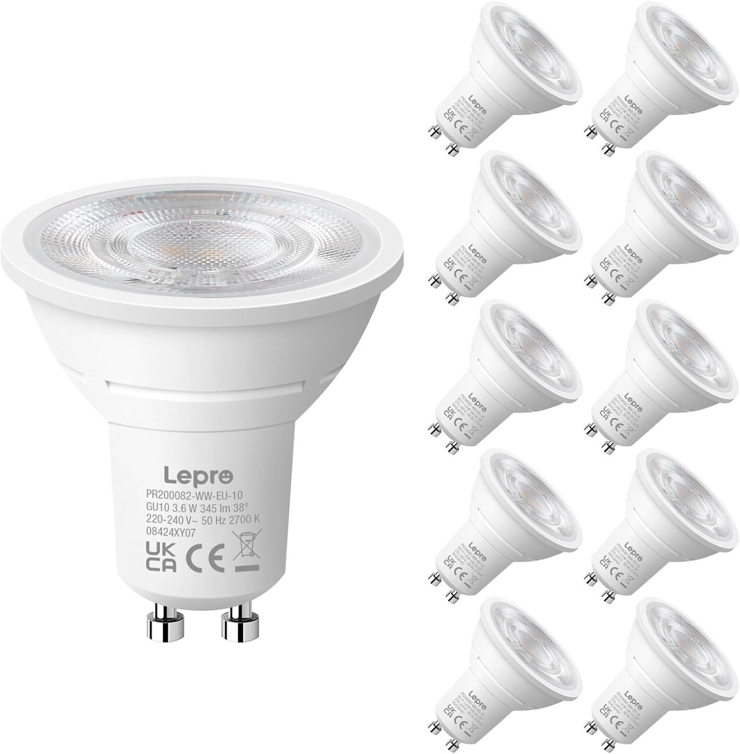 Lepro GU10 LED Bulbs, Warm White 2700K, 3.6W 345lm Energy Saving Light Bulbs, 50W GU10 Halogen Spotlight Bulbs Equivalent, 38° Narrow Beam, No Flickering, Non-dimmable, Pack of 10