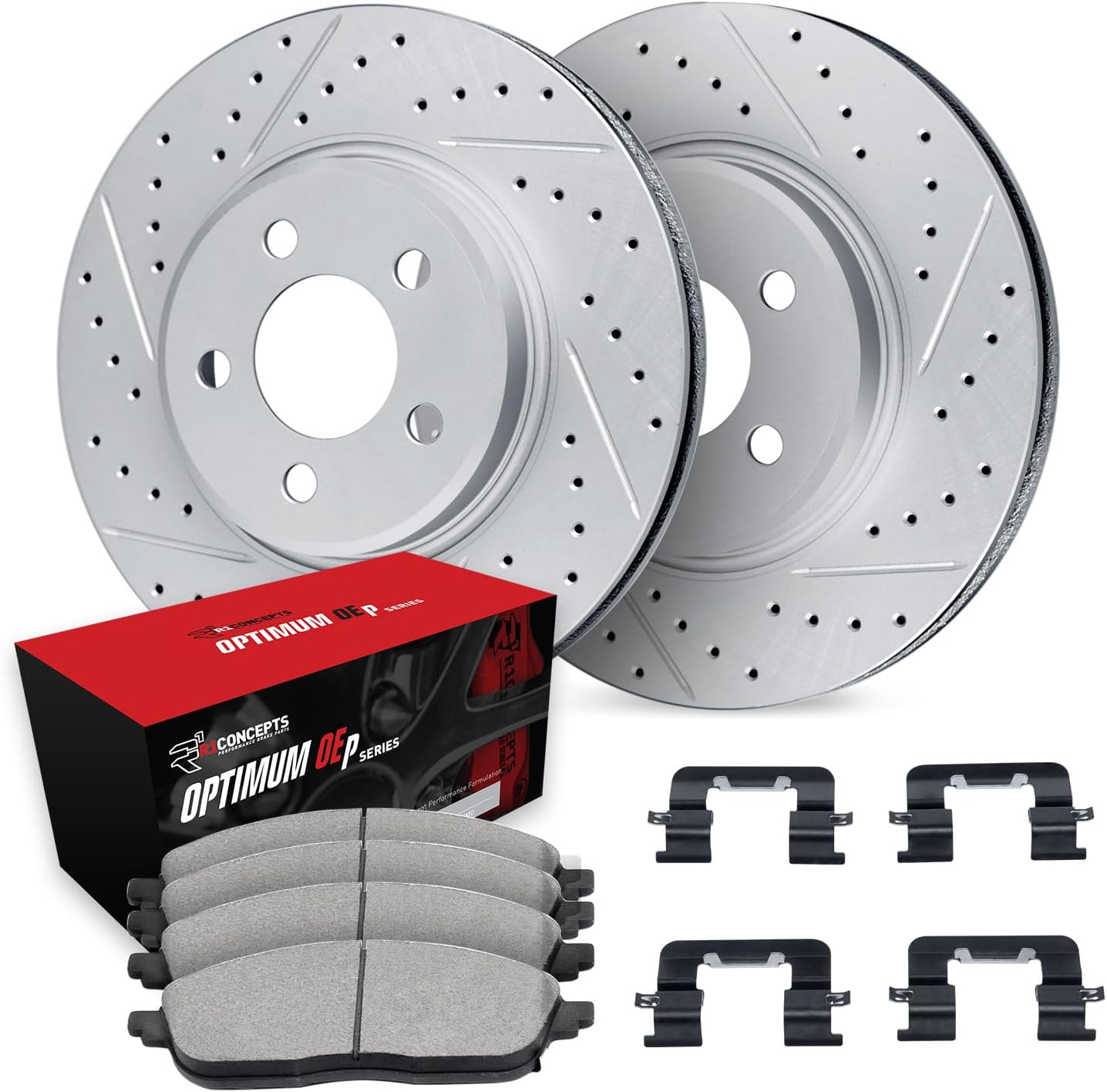 R1 Concepts Front Brake Kit Fits 2014-2021 Jaguar F-Type| Optimum Oep Pads, Drilled Slotted Rotors| Hardware| 14.0" Front