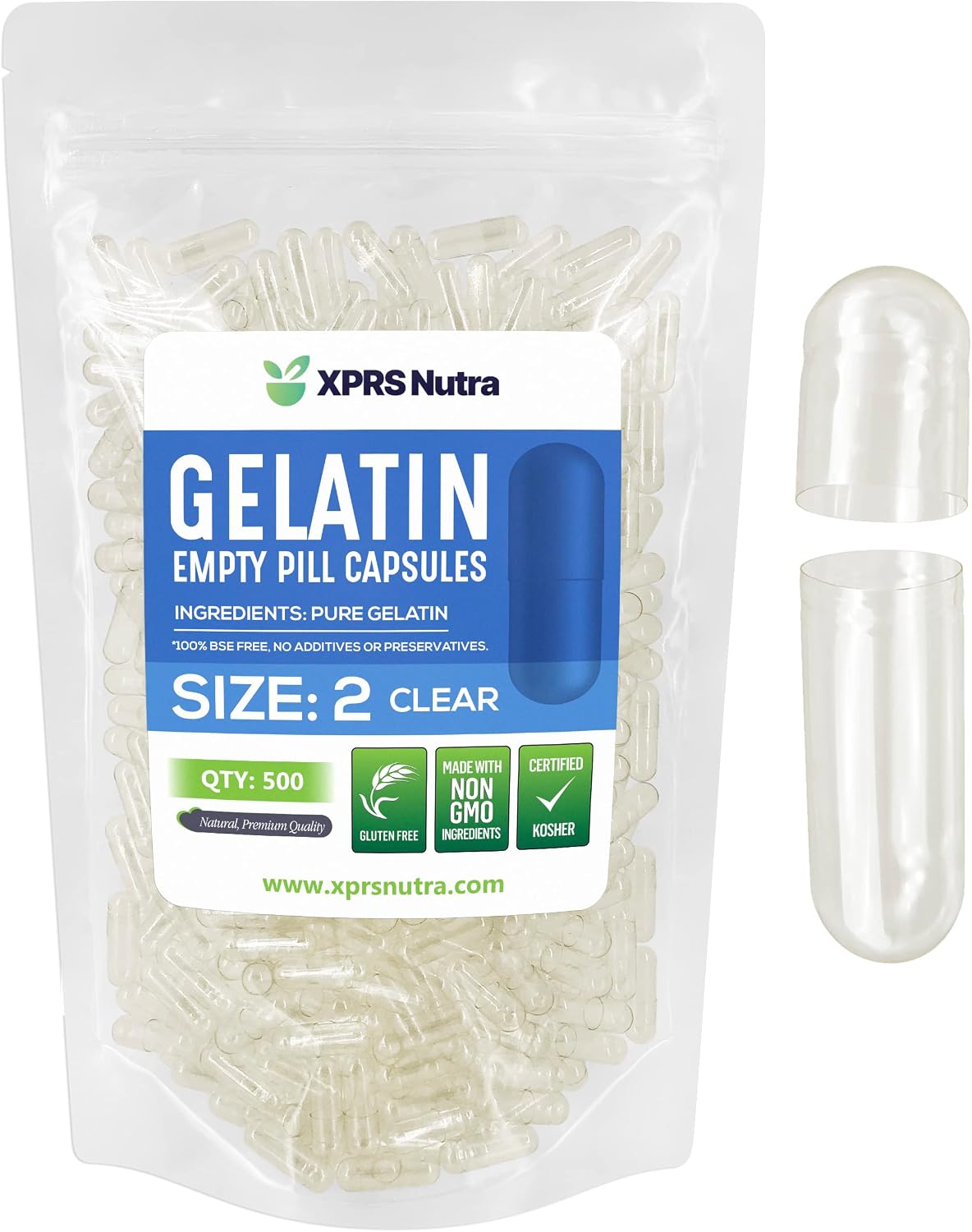 XPRS Nutra Size 2 Empty Capsules - 500 Count Clear Empty Gelatin Capsules - Pills DIY Capsule Filling - Pure Bovine Pill Gel Caps for Do-It-Yourself Supplements