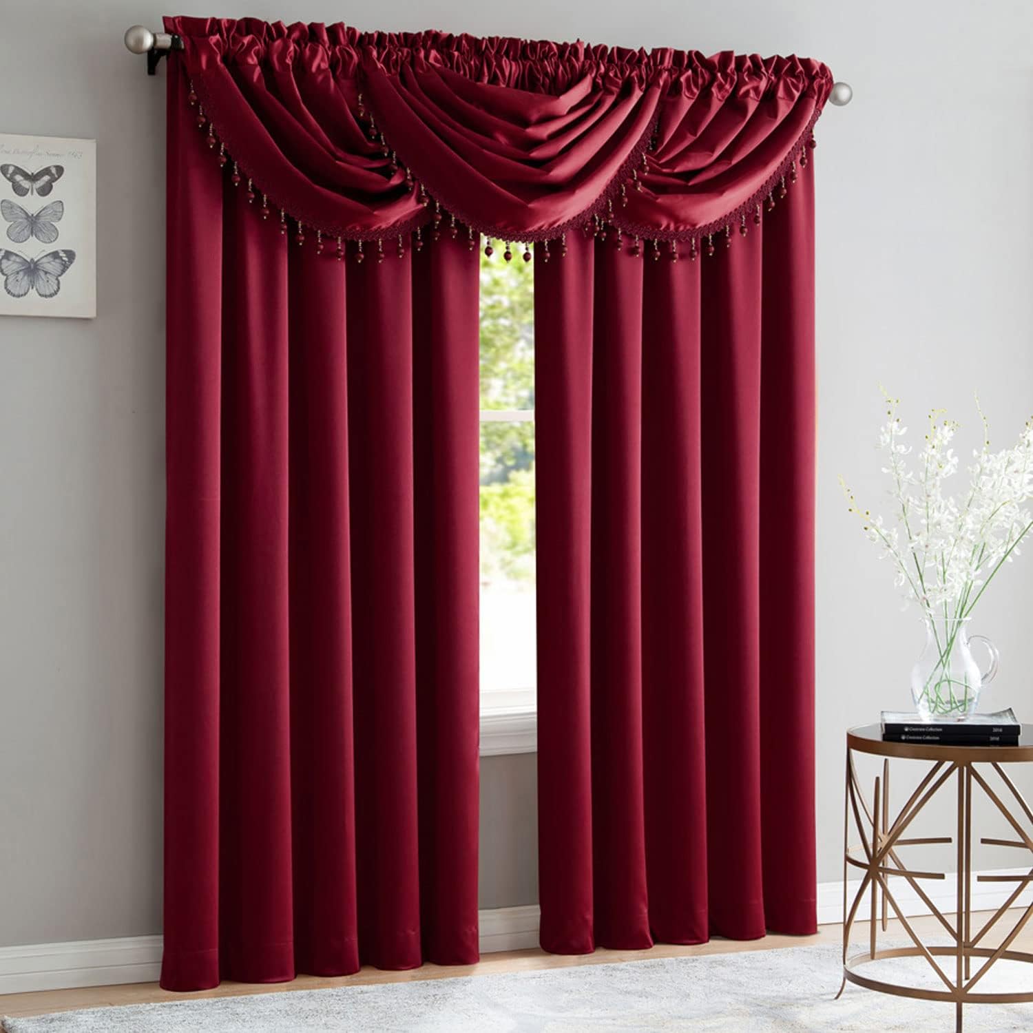 Crushed Satin Rod Pocket Panel and Waterfall Valance with Decorative Fringe Window Treatments, Curtain Set for Your Home, All Sold Separately (Burgundy, Panel - 52X84 Inches)