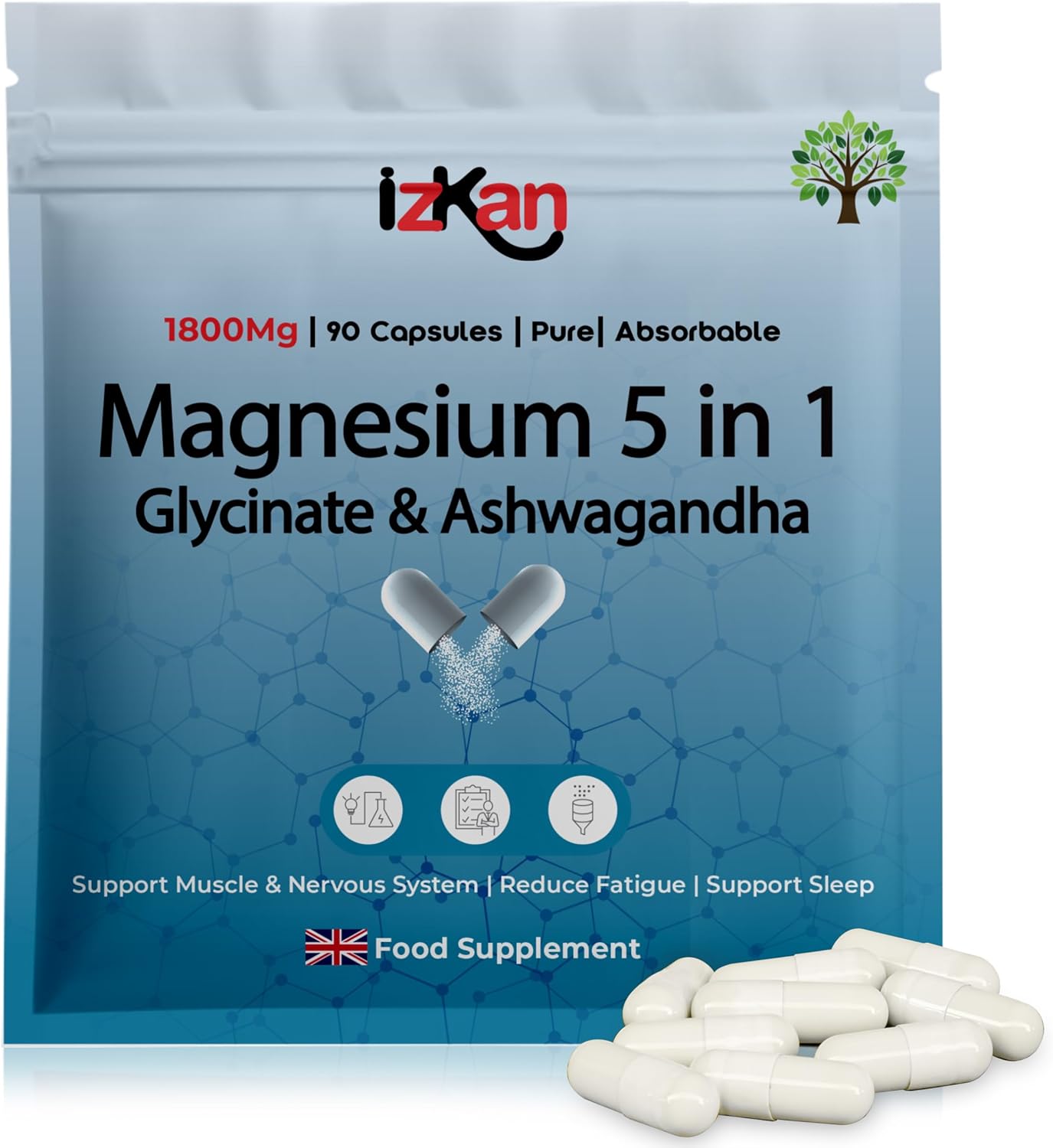 Magnesium Glycinate 5 in 1 Supplement -1800mg as Bisglycinate Citrate & Malate | 384 mg Elemental Magnesium | Ashwagandha & B6 Quality Sleep Muscle Health & Immune Support 90 Vegan Capsules (1)
