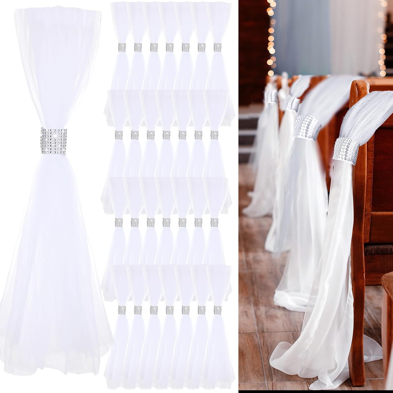 Threlaco 24 Pcs Wedding Pew Bows Wedding Aisle Decorations 31.5 Inch White Tutu Bow Tulle Wedding Decor Chair Bows for Church Bridal Shower (Silver)