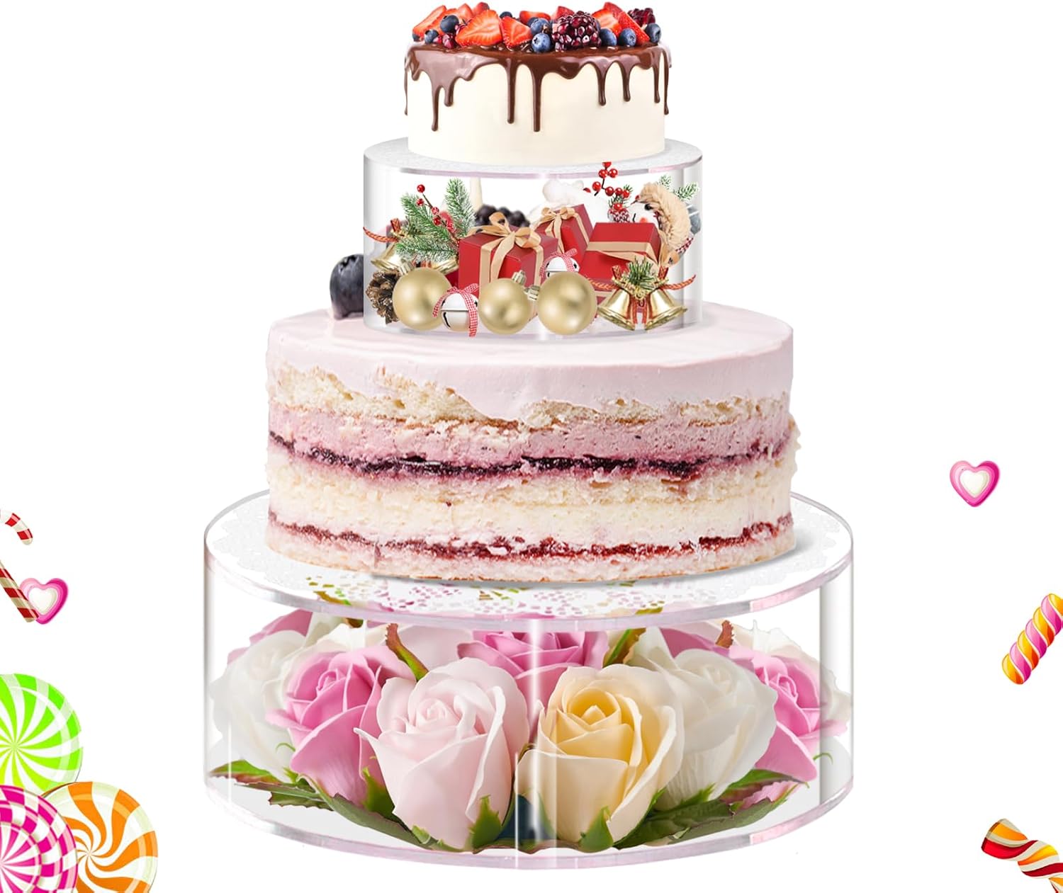 2PCS Acrylic Fillable Cake Stand, Round Cylinder Display Riser Display Box, Decorative Centerpiece for Wedding Birthday Party Display 6 Inch, 10 Inch