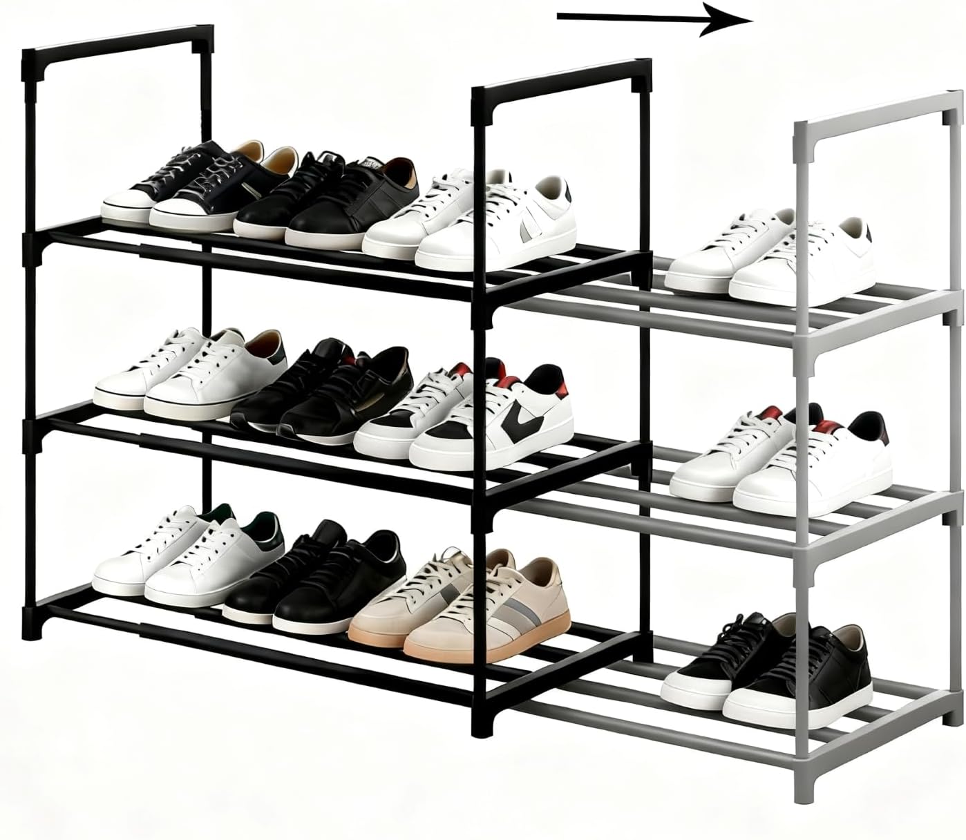 Expendable Metal Shoe Rack, 3 Tier Adjustable Shoe Organizer for 6-16 Pair Shoes, Free Standing Shoes Organizer for Entryway Small Space (Black)
